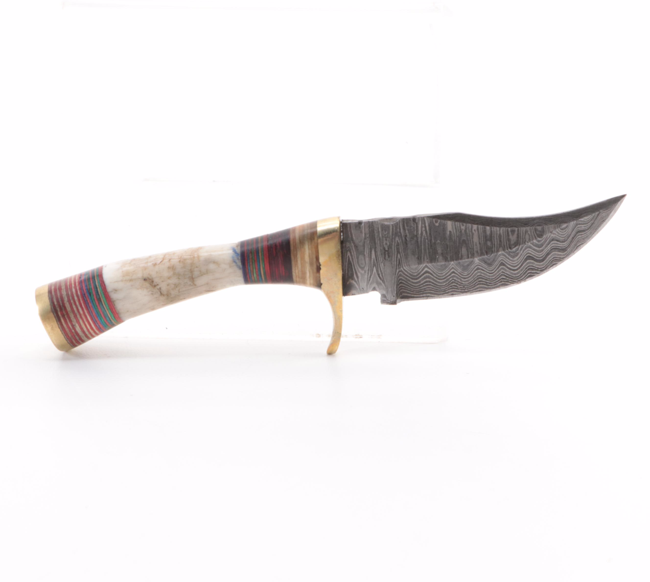 Damascus Steel and Antler Handled Fixed Blade Knives with Leather Scabbards