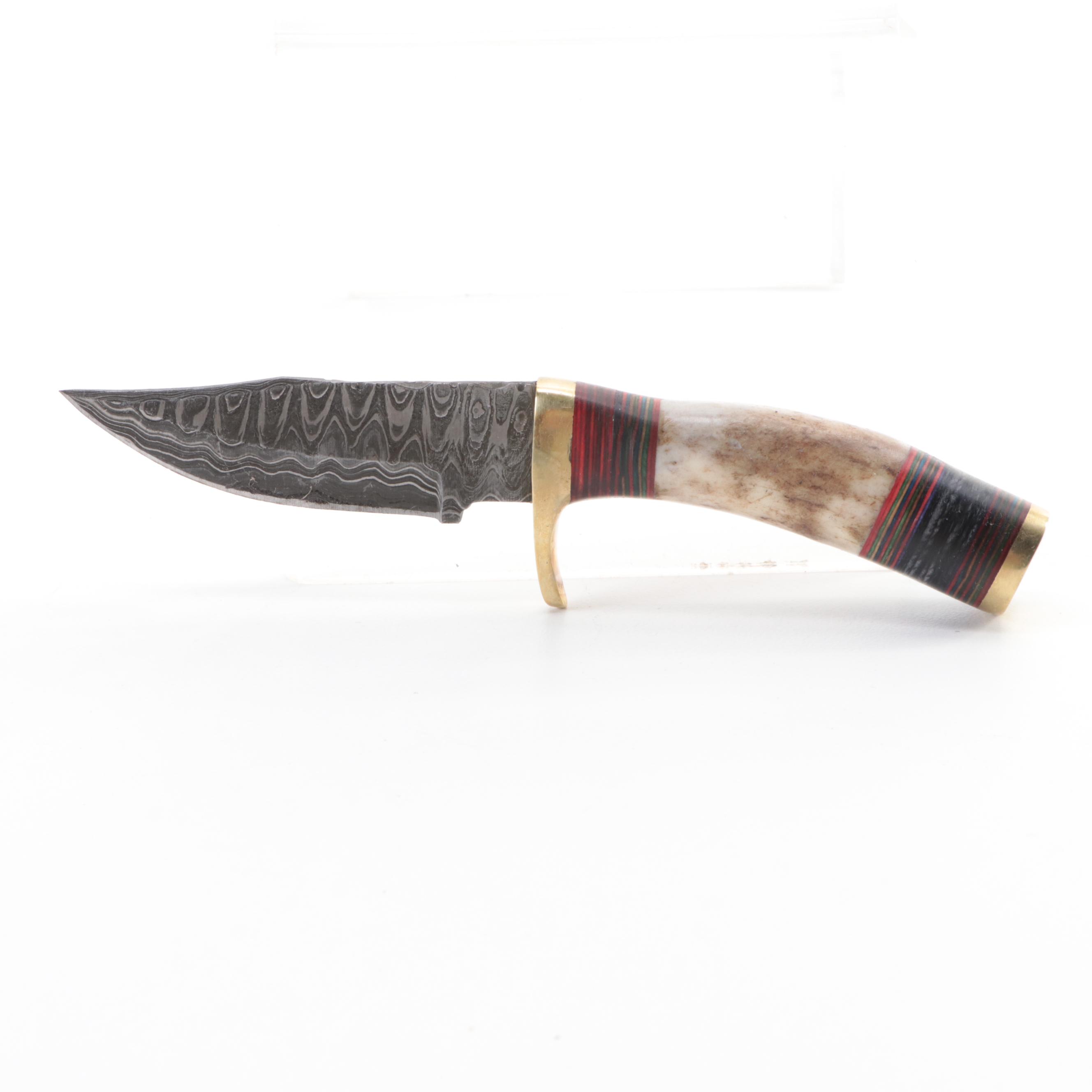 Damascus Steel and Antler Handled Fixed Blade Knives with Leather Scabbards