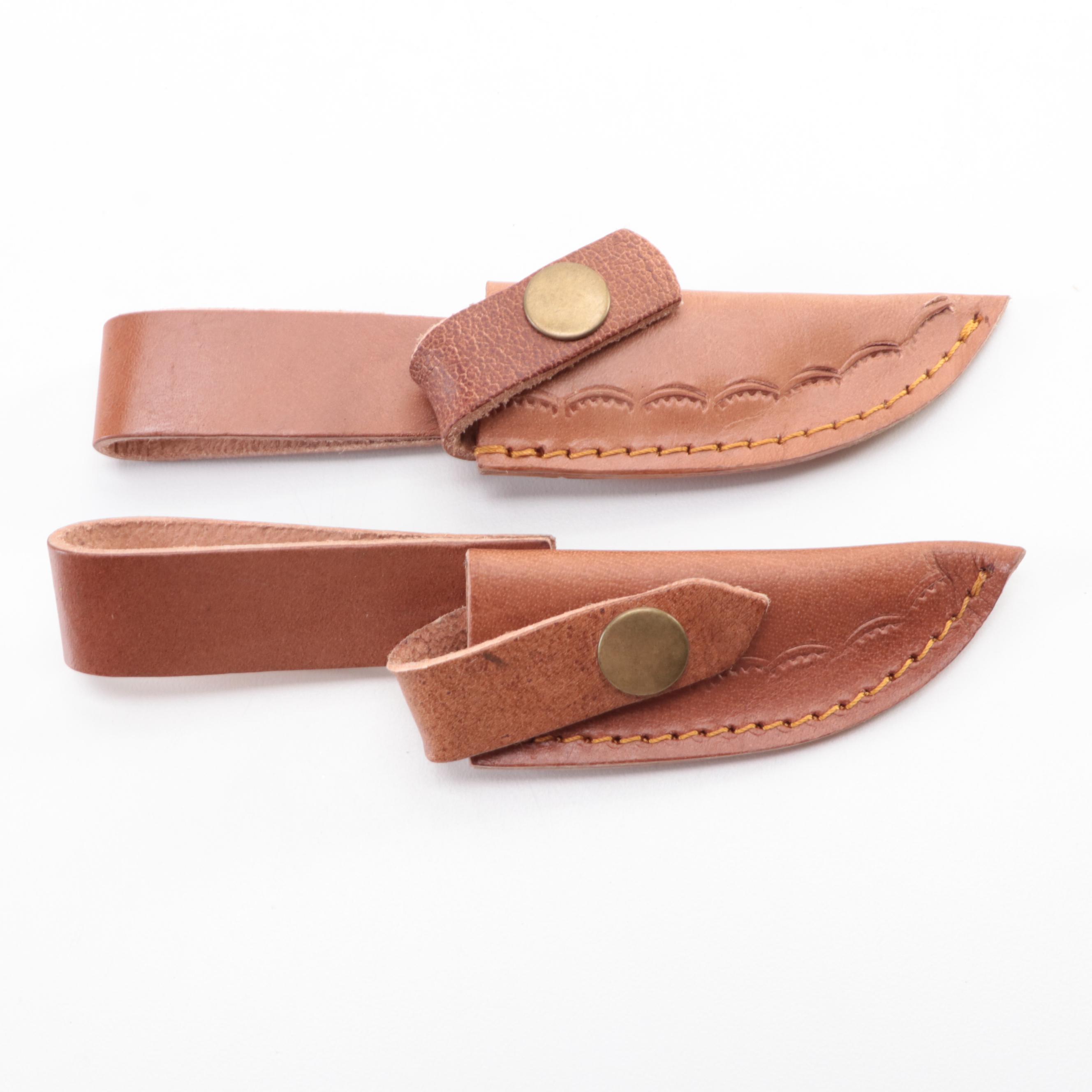 Damascus Steel and Antler Handled Fixed Blade Knives with Leather Scabbards