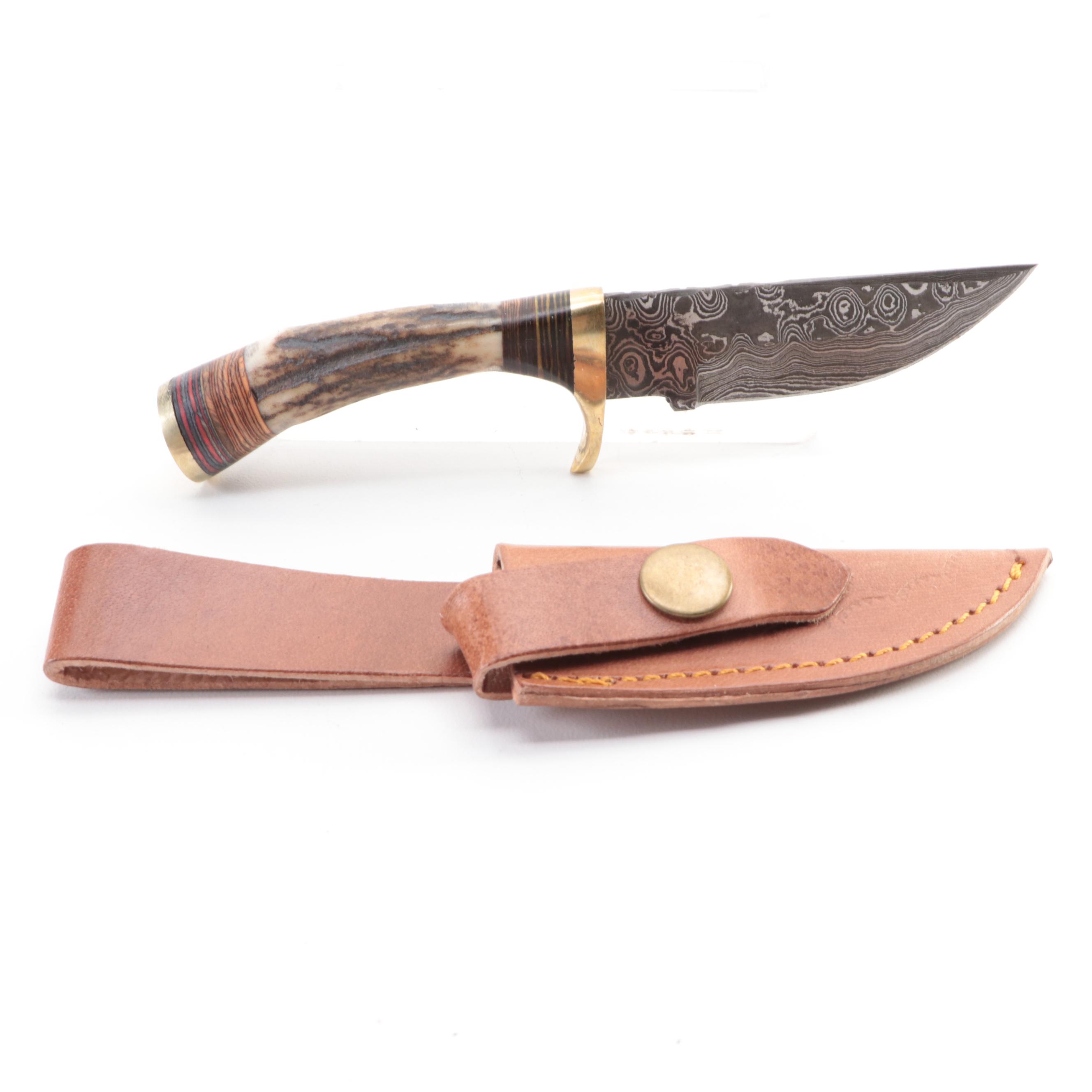 Damascus Steel and Antler Handled Fixed Blade Knives with Leather Scabbards