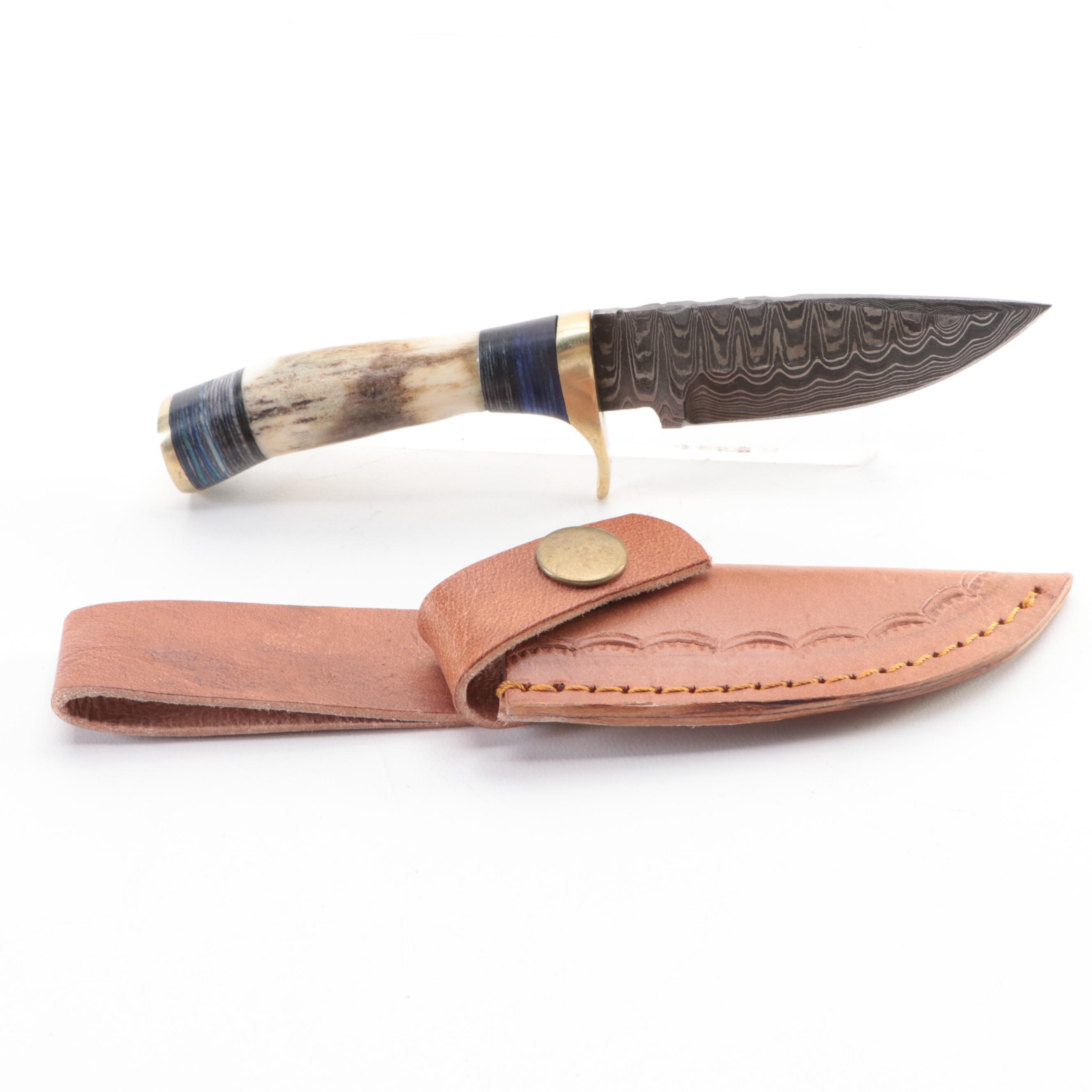 Damascus Steel and Antler Handled Fixed Blade Knives with Leather Scabbards