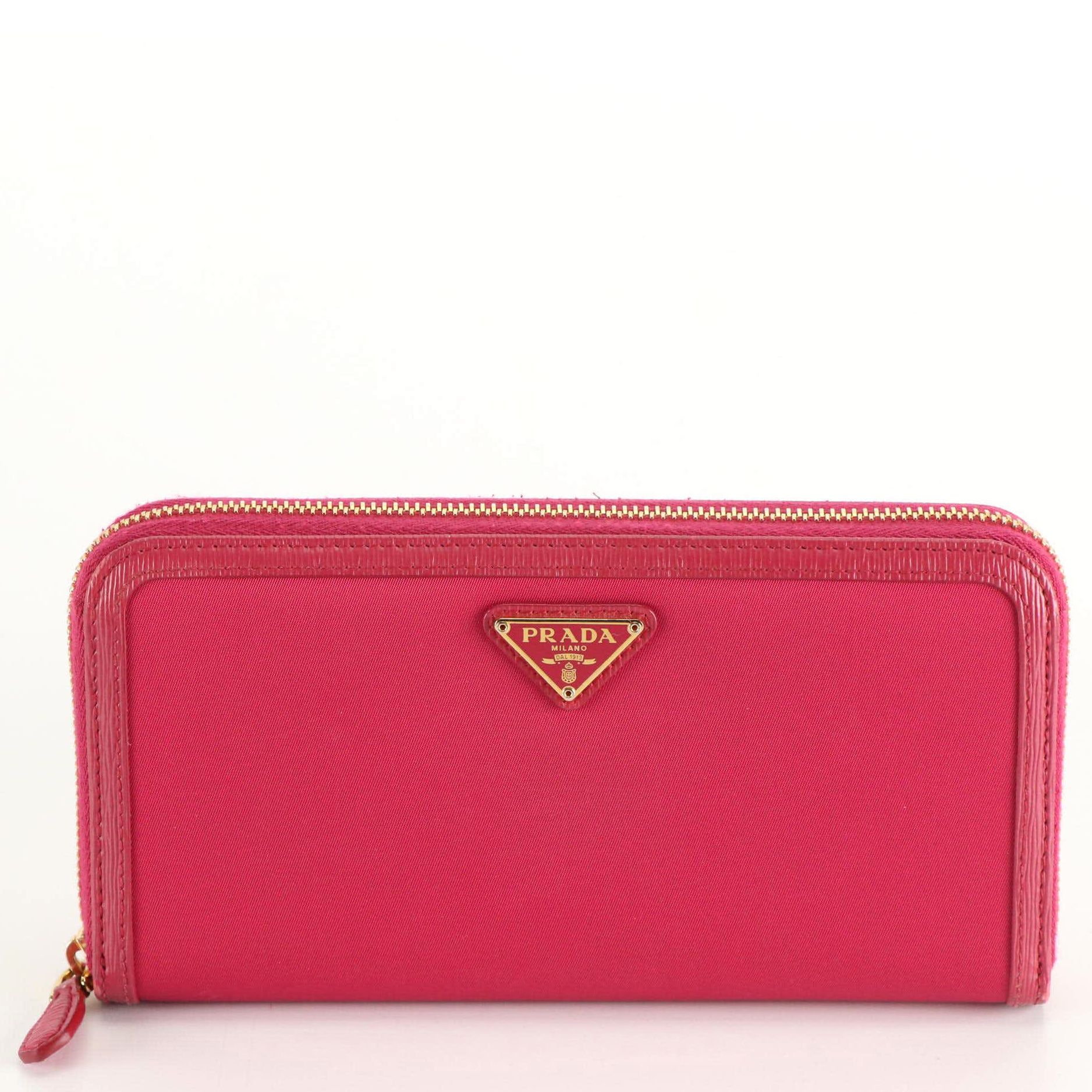 Prada Long Zip Around Wallet in Magenta Tessuto Nylon and Leather Trim, with Box