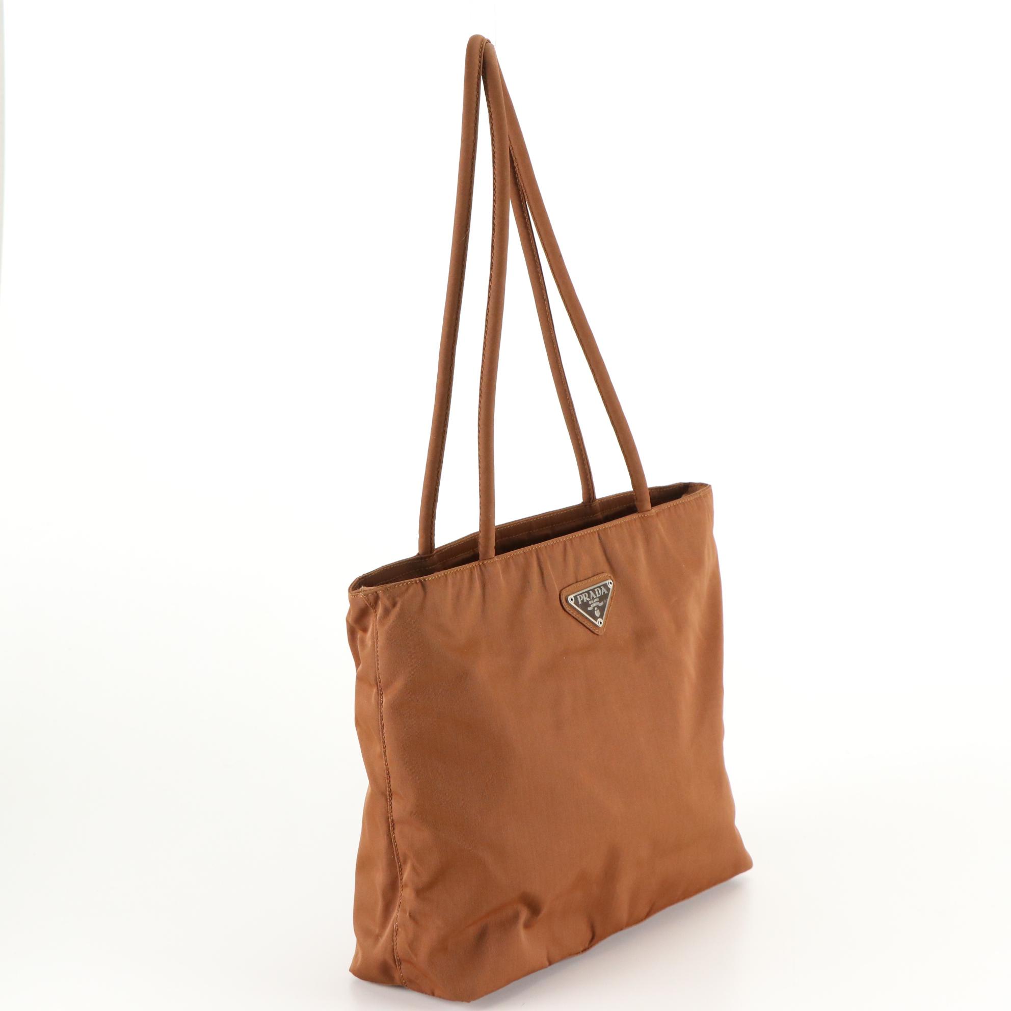 Prada Zippered Shoulder Tote in Brown Tessuto Nylon