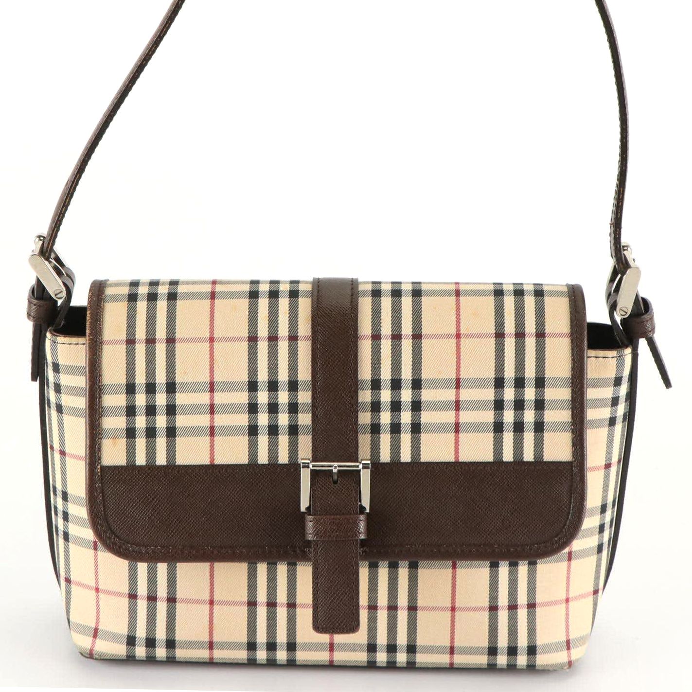 Burberry Flap Front Shoulder Bag in House Check Canvas and Leather Trim
