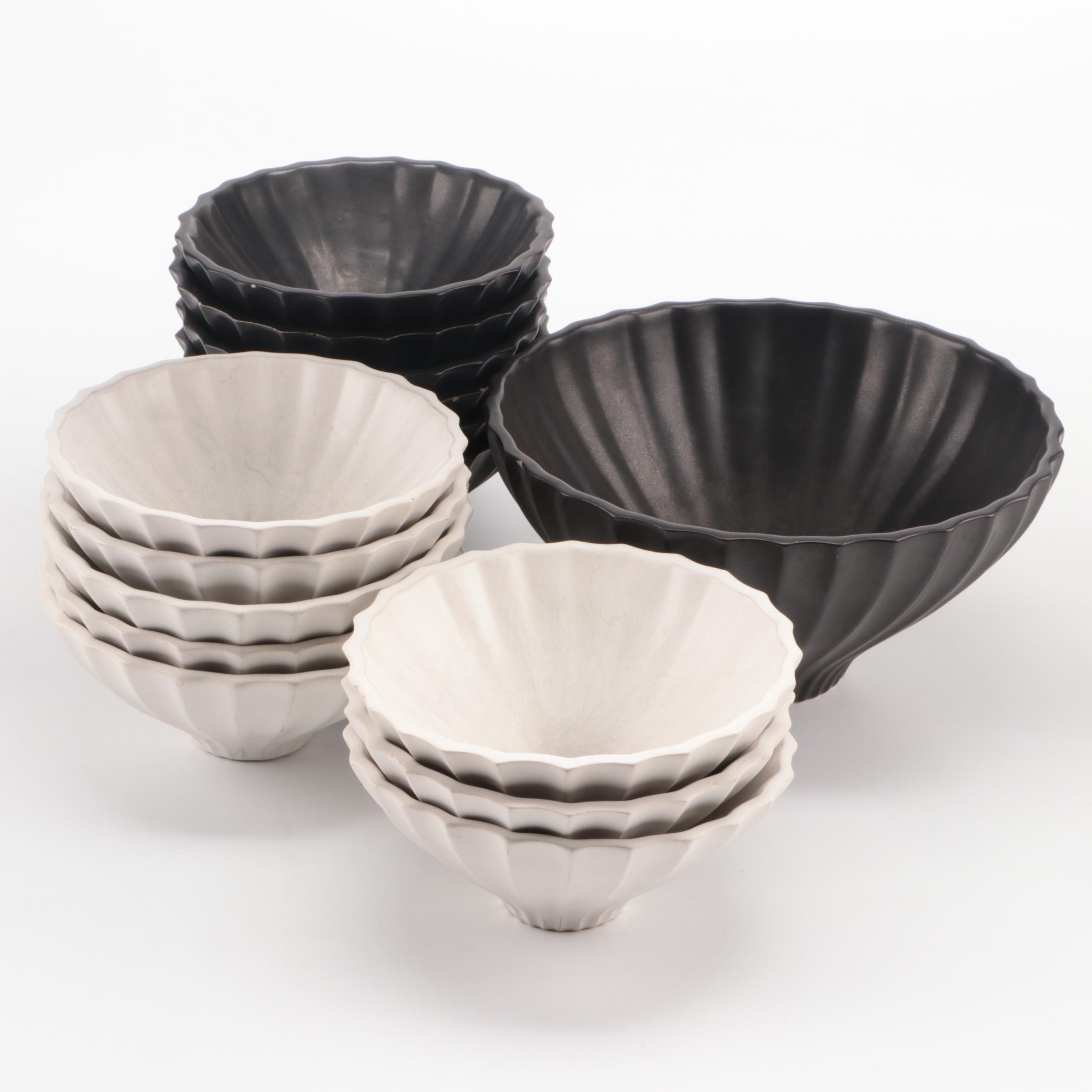 Jonathan Adler Black and White Glazed Fluted Ceramic Bowls