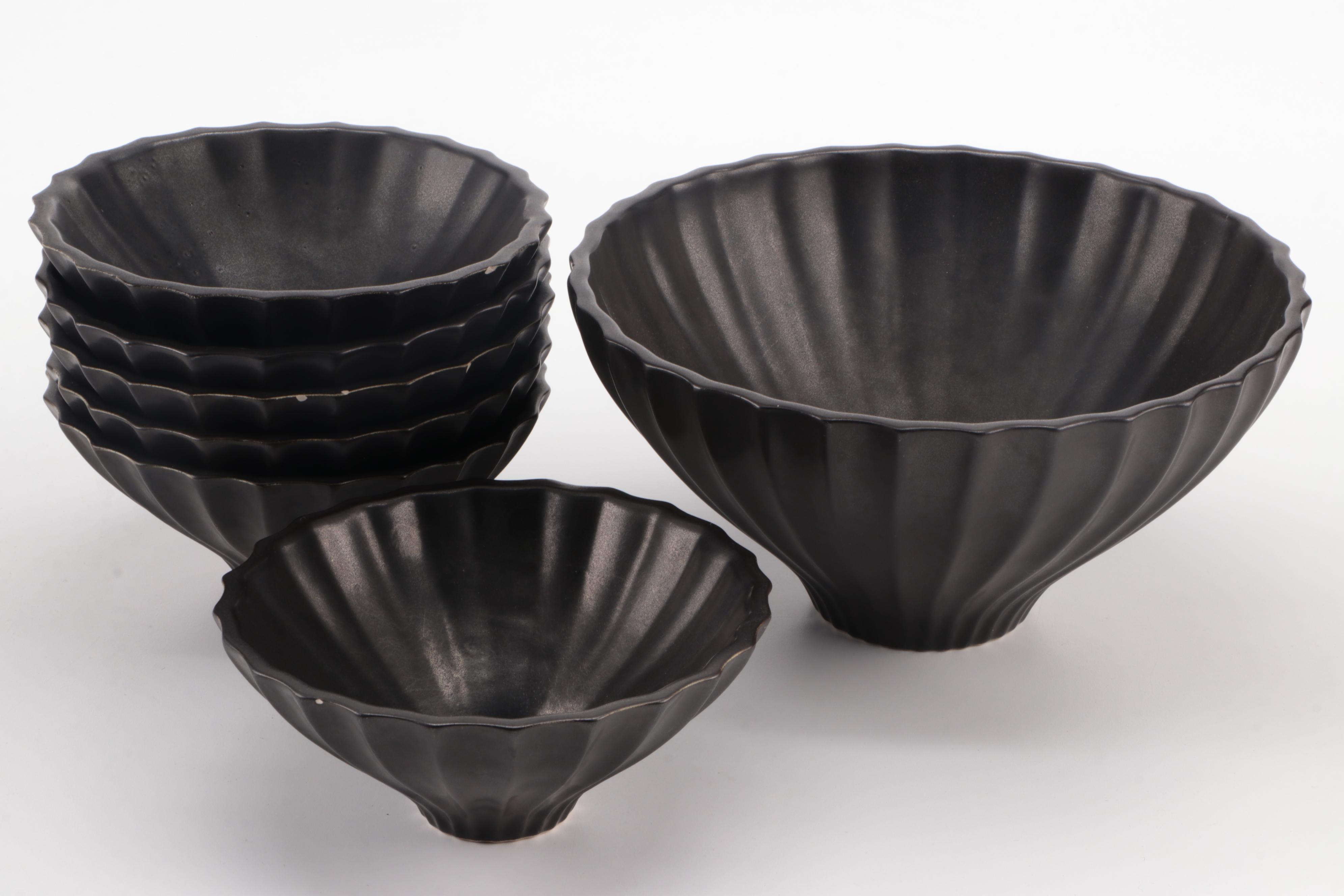 Jonathan Adler Black and White Glazed Fluted Ceramic Bowls