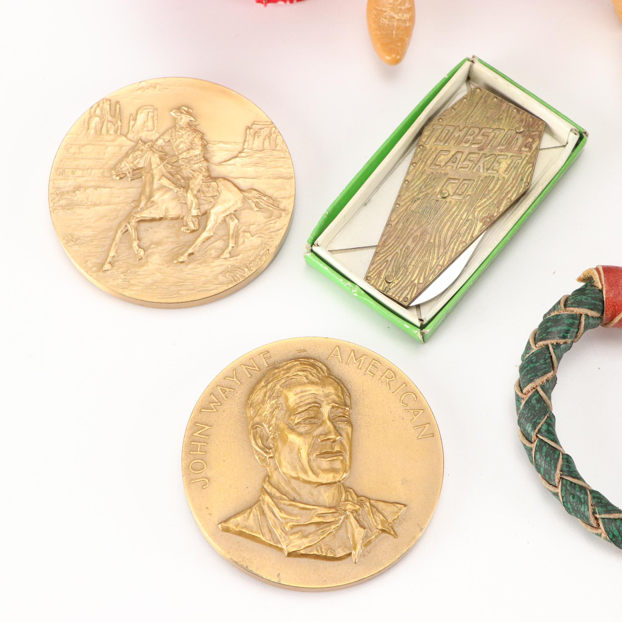 John Wayne Memorabilia with Decorative Whip, Red Bandana and Tokens