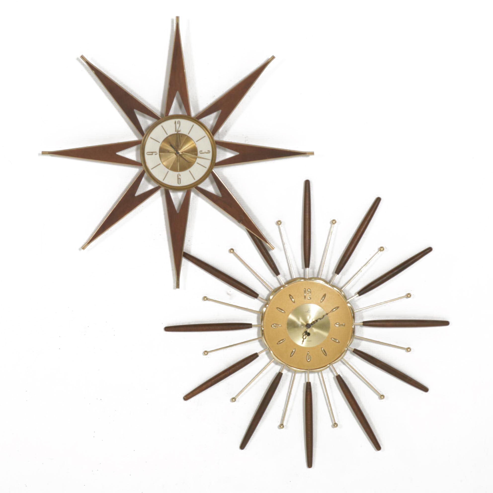 Elgin and Lux Mid Century Modern Sunburst Wall Clocks