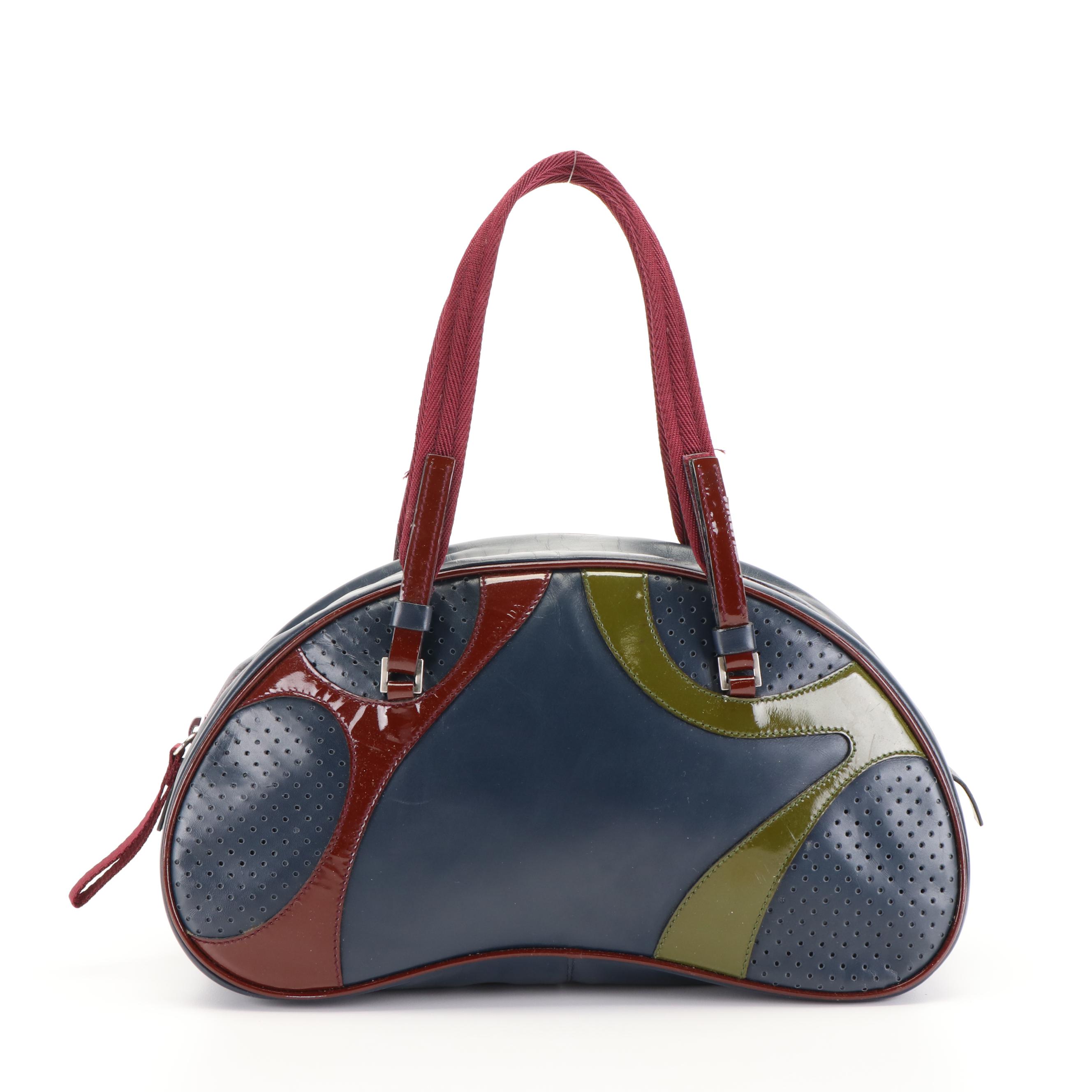 Prada Dark Navy Bordeaux Dark Green Leather Jacquard Handbag