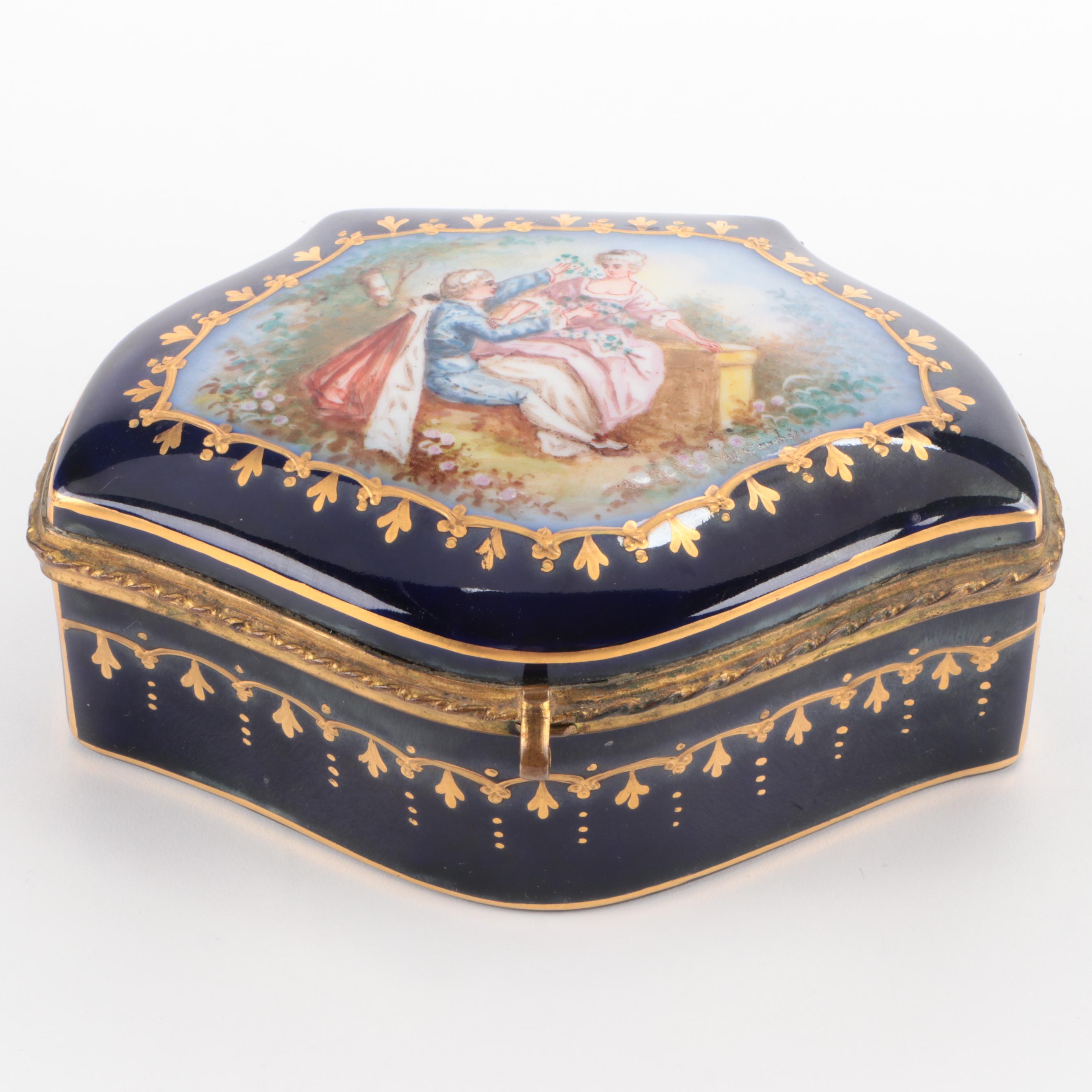 Sevres Style Hand-Painted Courting Scene Porcelain Hinged Box