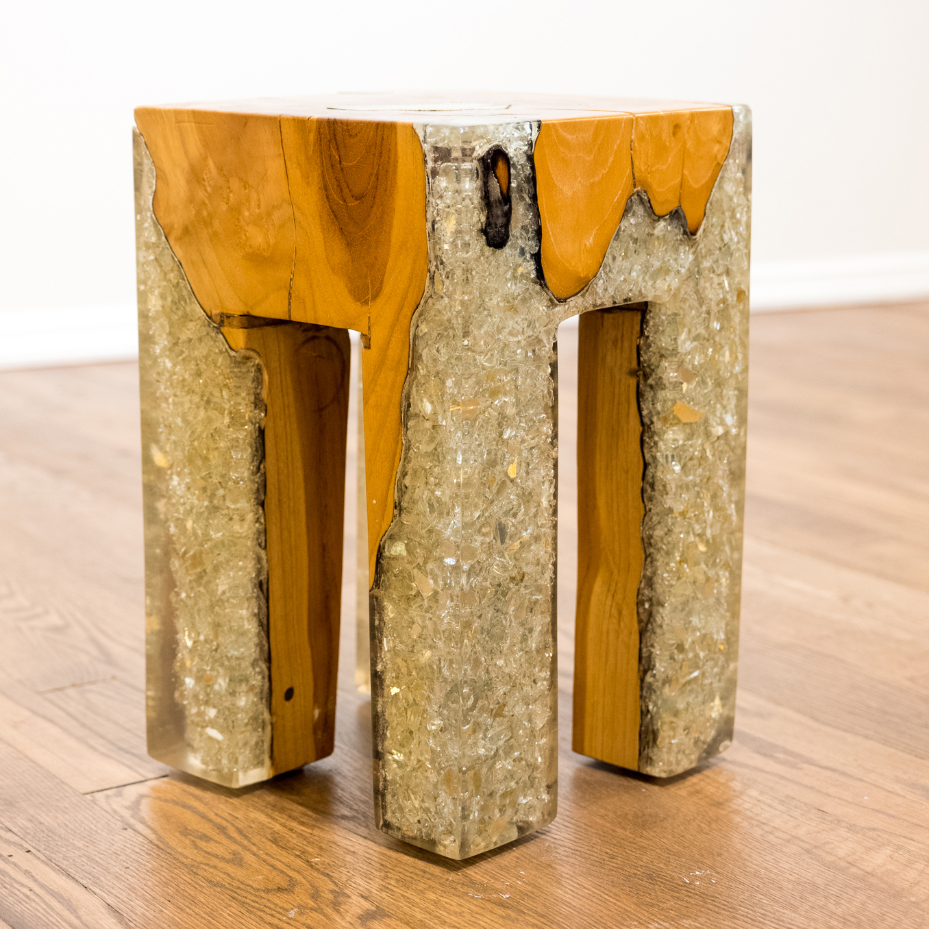Small Cross-Cut Wood Side Table with Acrylic-Filled Legs