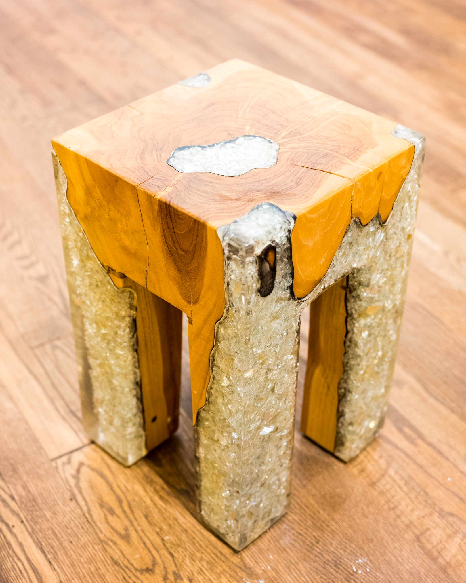Small Cross-Cut Wood Side Table with Acrylic-Filled Legs