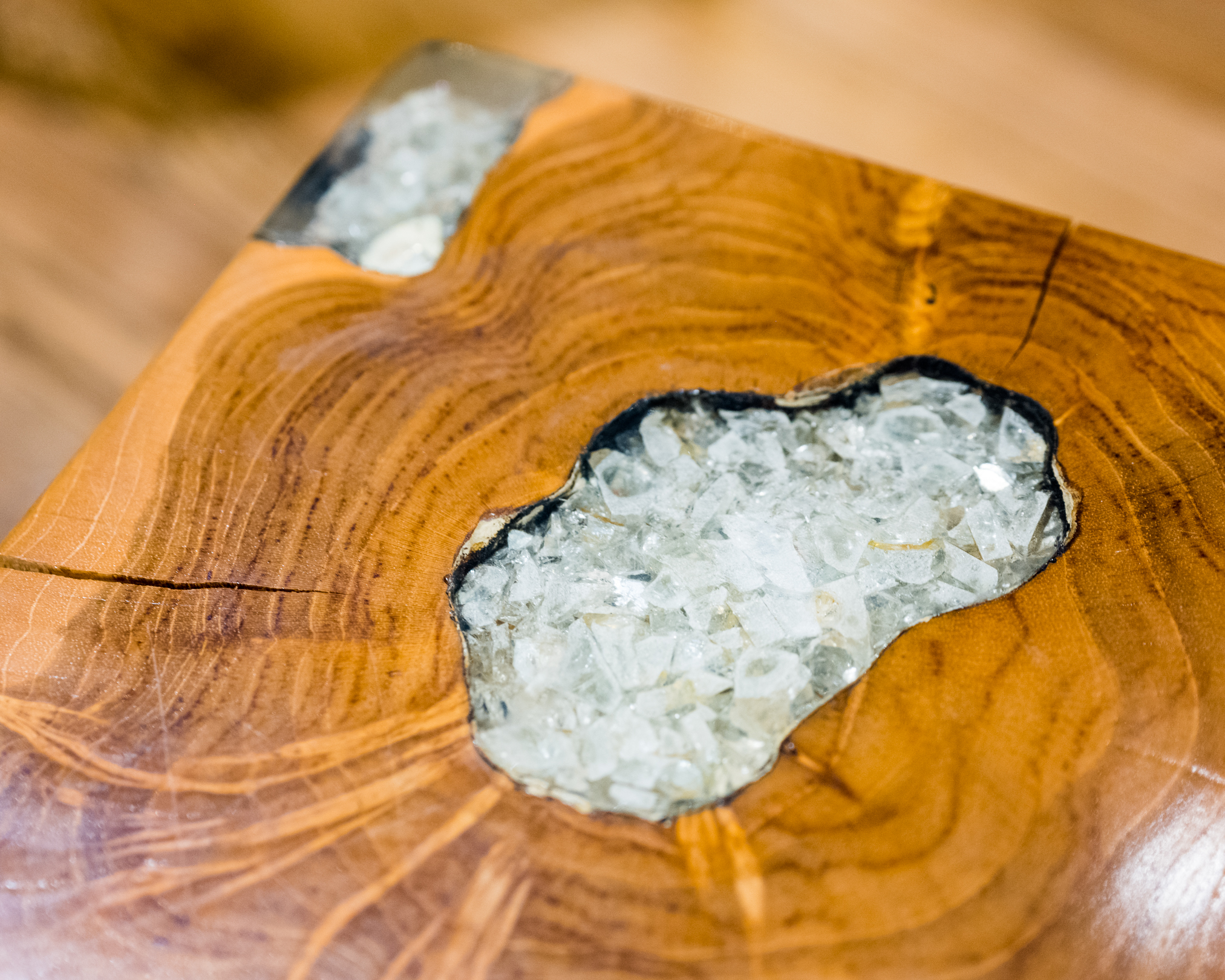 Small Cross-Cut Wood Side Table with Acrylic-Filled Legs