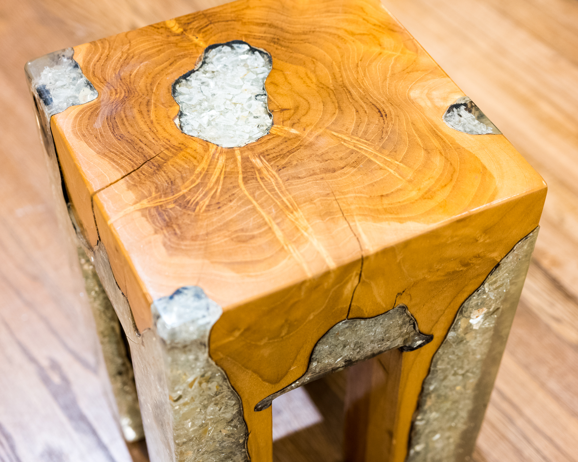 Small Cross-Cut Wood Side Table with Acrylic-Filled Legs