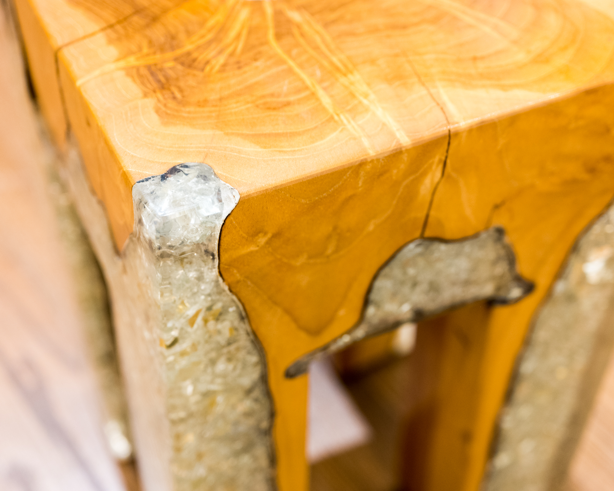 Small Cross-Cut Wood Side Table with Acrylic-Filled Legs