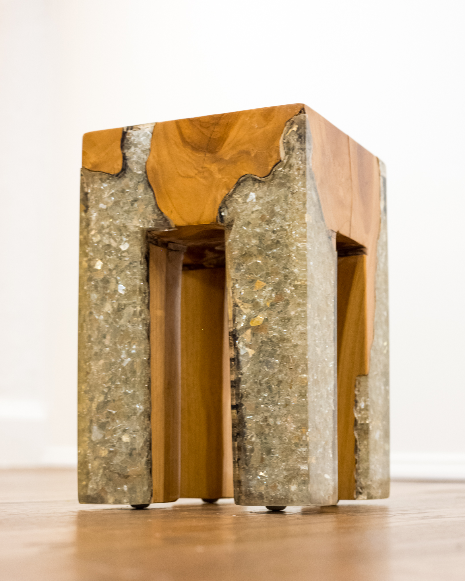 Small Cross-Cut Wood Side Table with Acrylic-Filled Legs