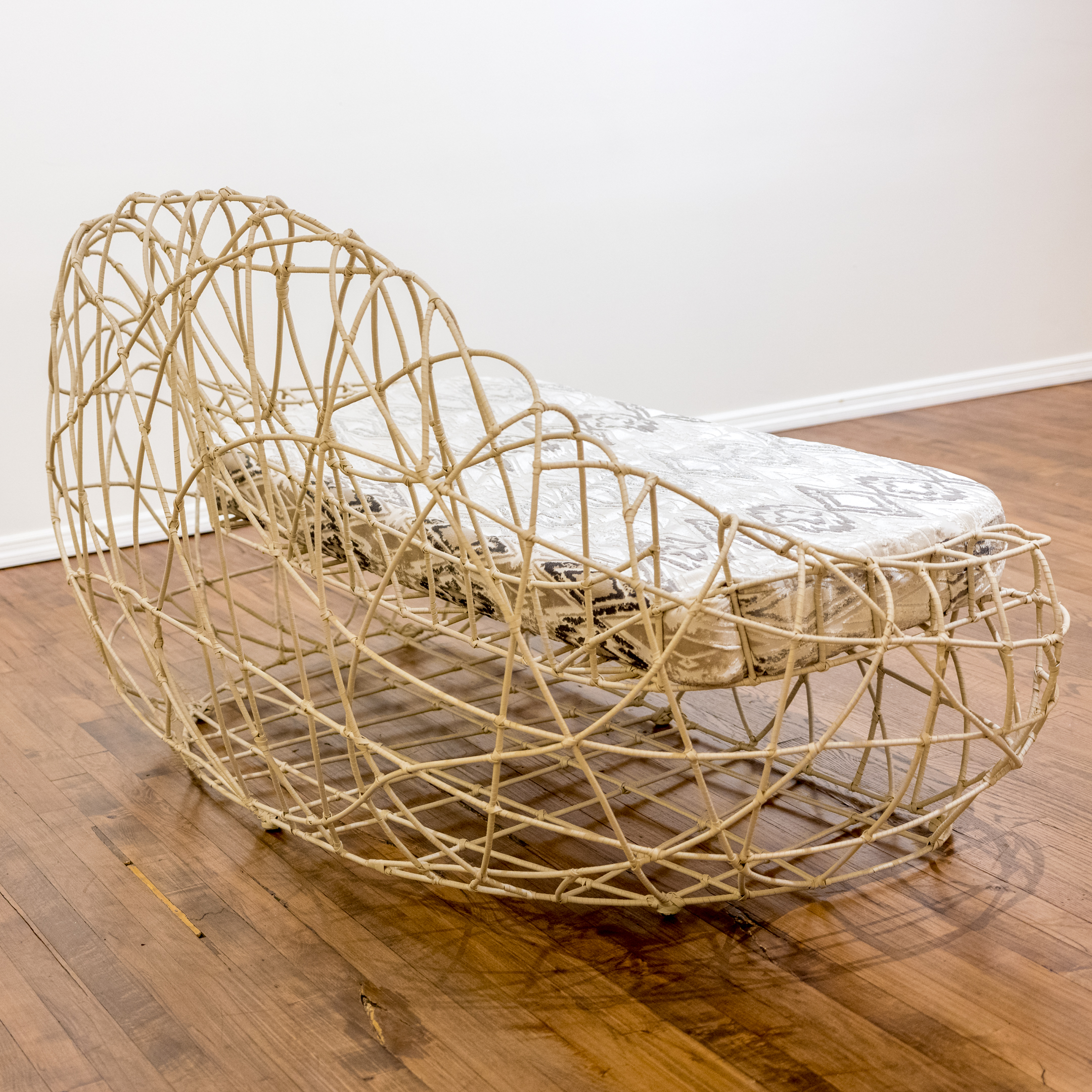 Vinyl Spiral Wrapped Wire Sofa with Ikat Cushion and Accent Pillows