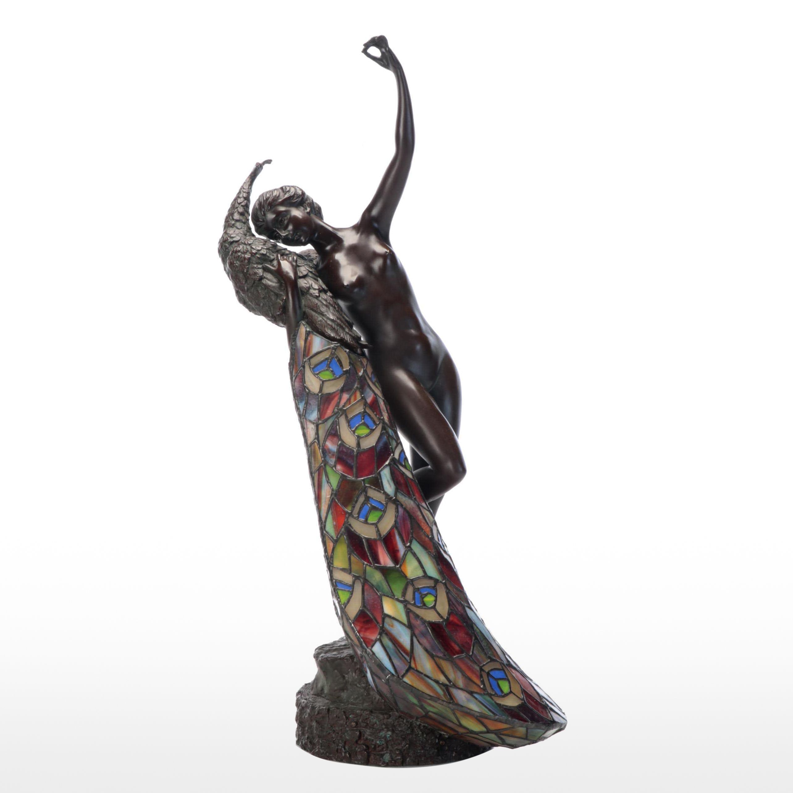 Art Nouveau Style Slag Glass and Metal Nude Woman and Peacock Figural Table Lamp
