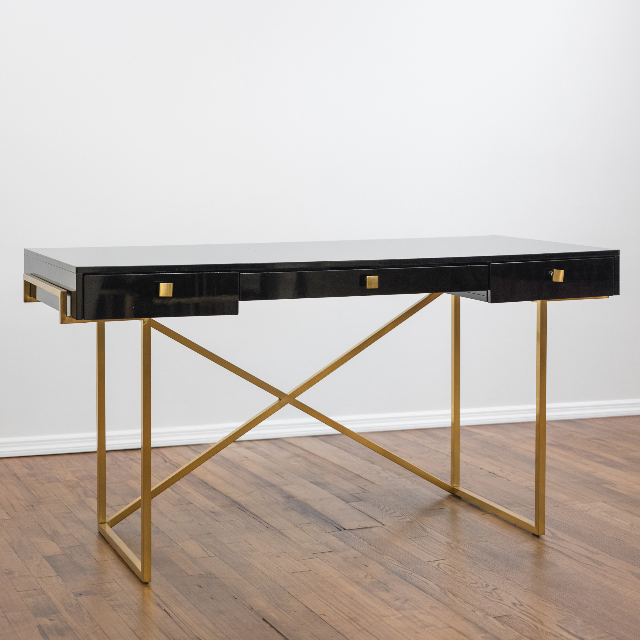 Hettler Tulllman for CB2 Avalon Black Lacquered Desk on Brass Runner Base