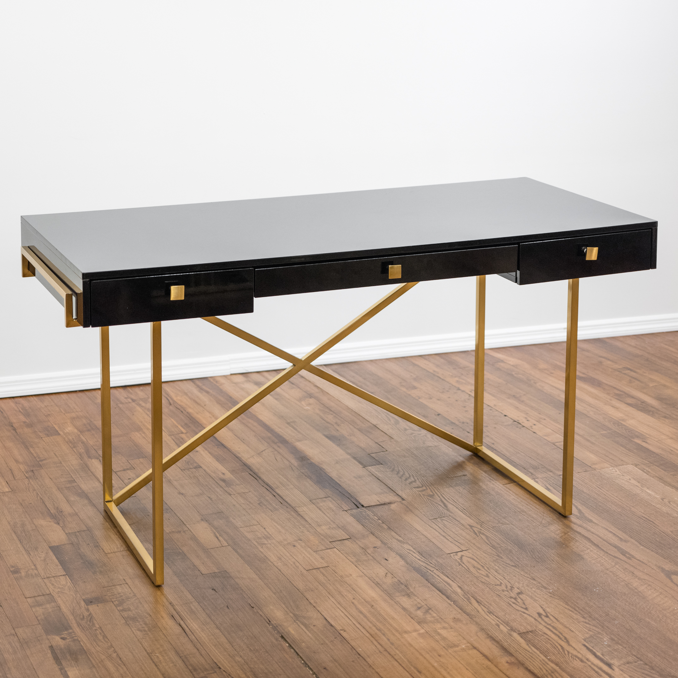 Hettler Tulllman for CB2 Avalon Black Lacquered Desk on Brass Runner Base