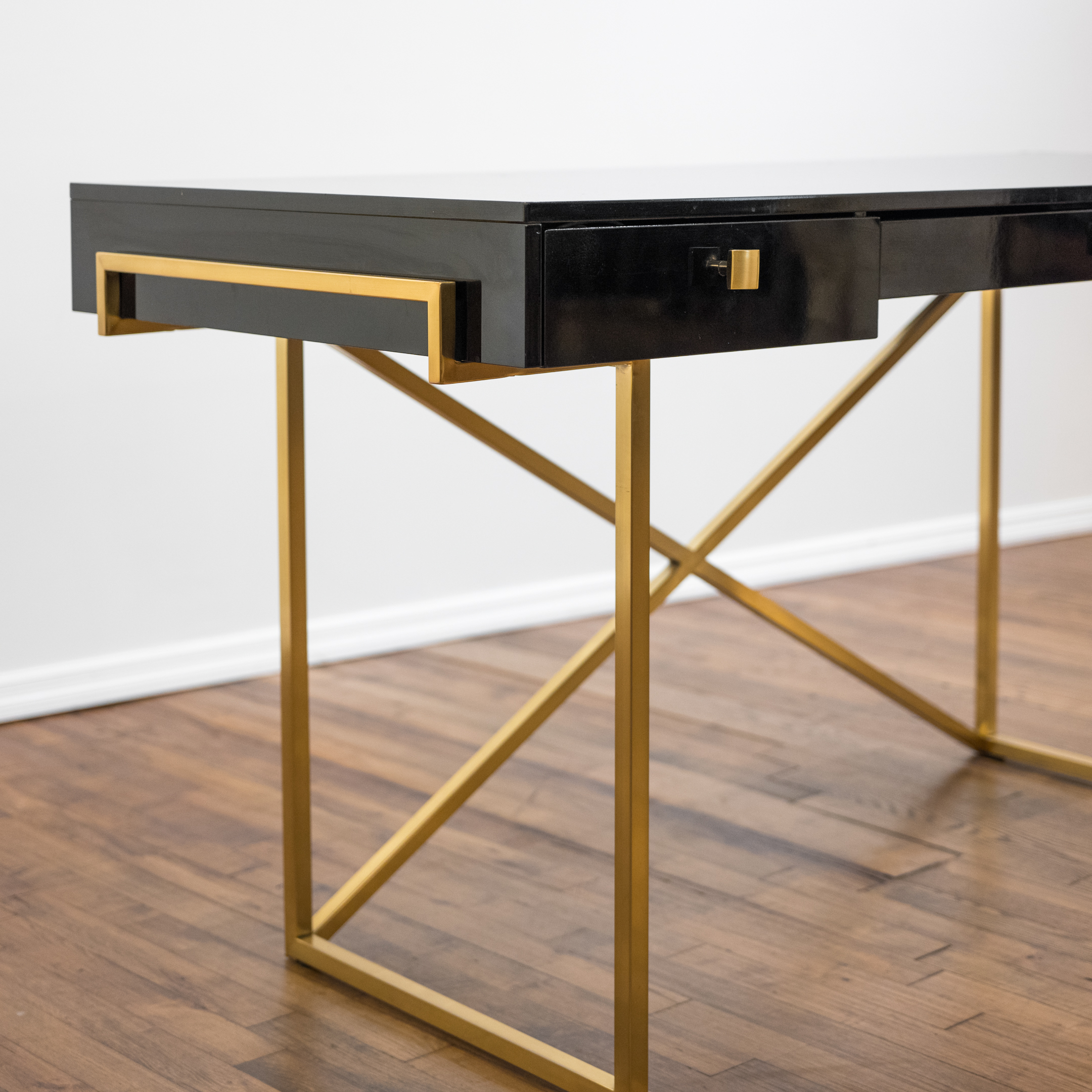 Hettler Tulllman for CB2 Avalon Black Lacquered Desk on Brass Runner Base