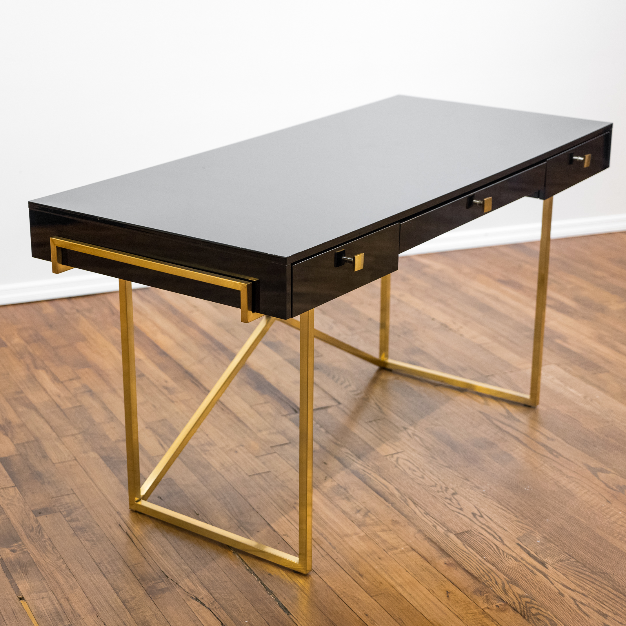 Hettler Tulllman for CB2 Avalon Black Lacquered Desk on Brass Runner Base