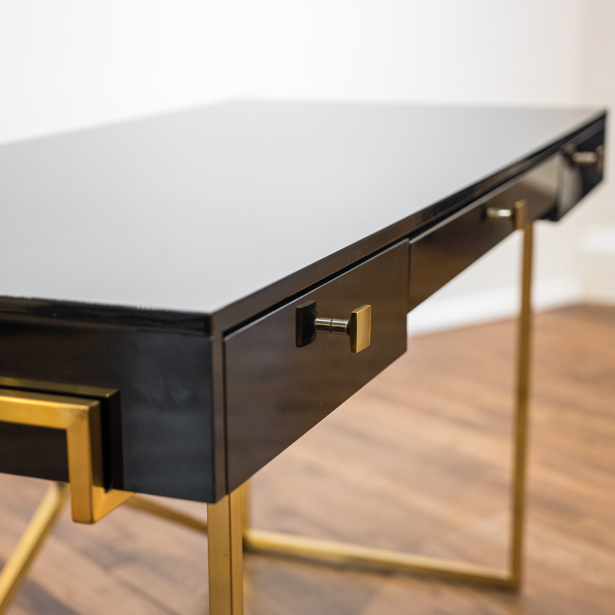 Hettler Tulllman for CB2 Avalon Black Lacquered Desk on Brass Runner Base