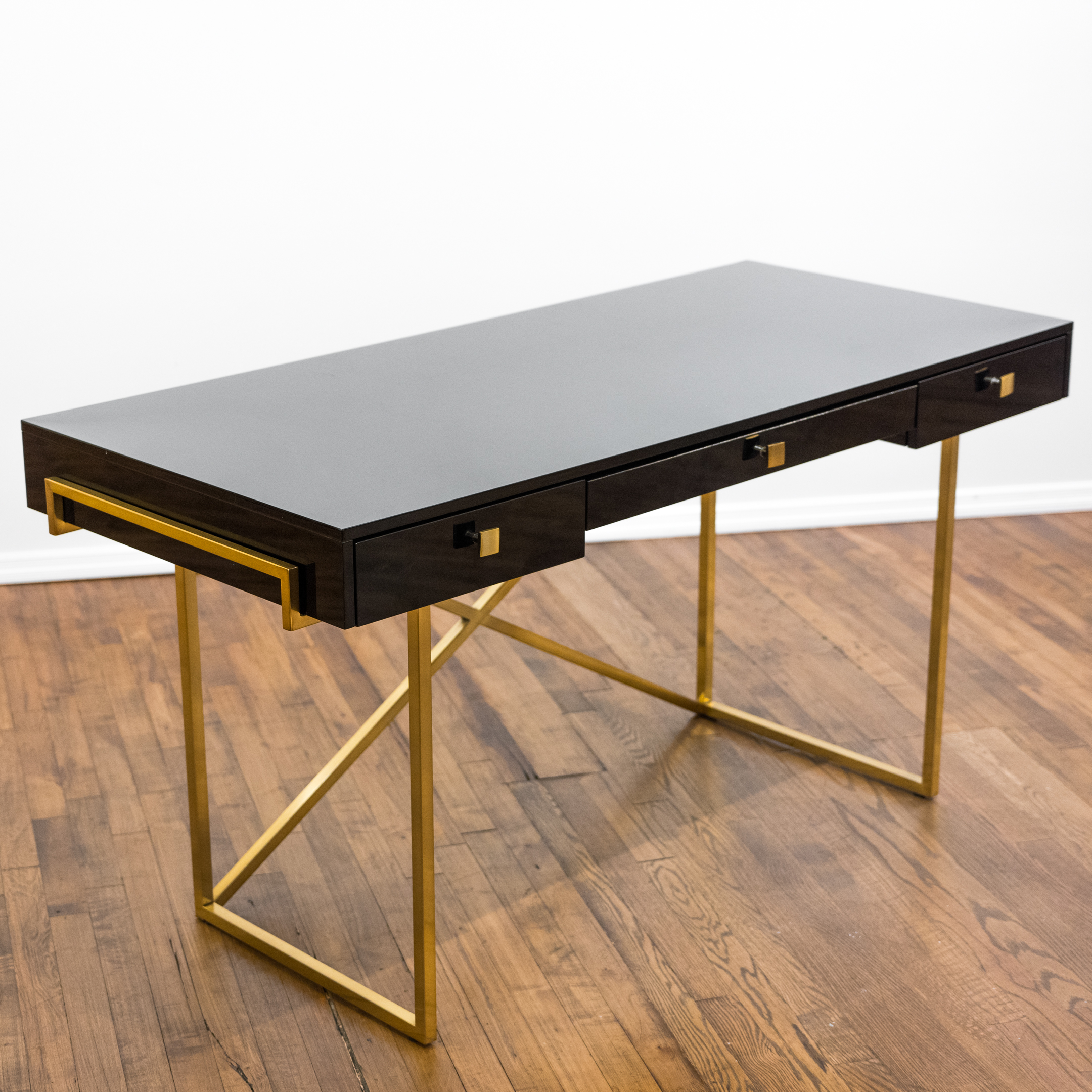Hettler Tulllman for CB2 Avalon Black Lacquered Desk on Brass Runner Base
