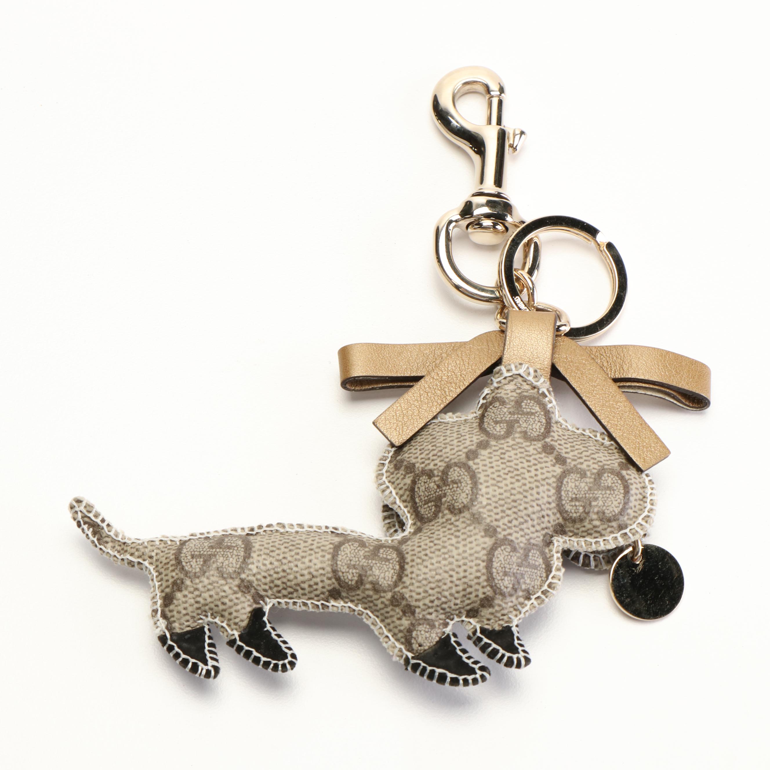 Gucci GG Supreme Dachshund Keychain in Coated Canvas and Leather