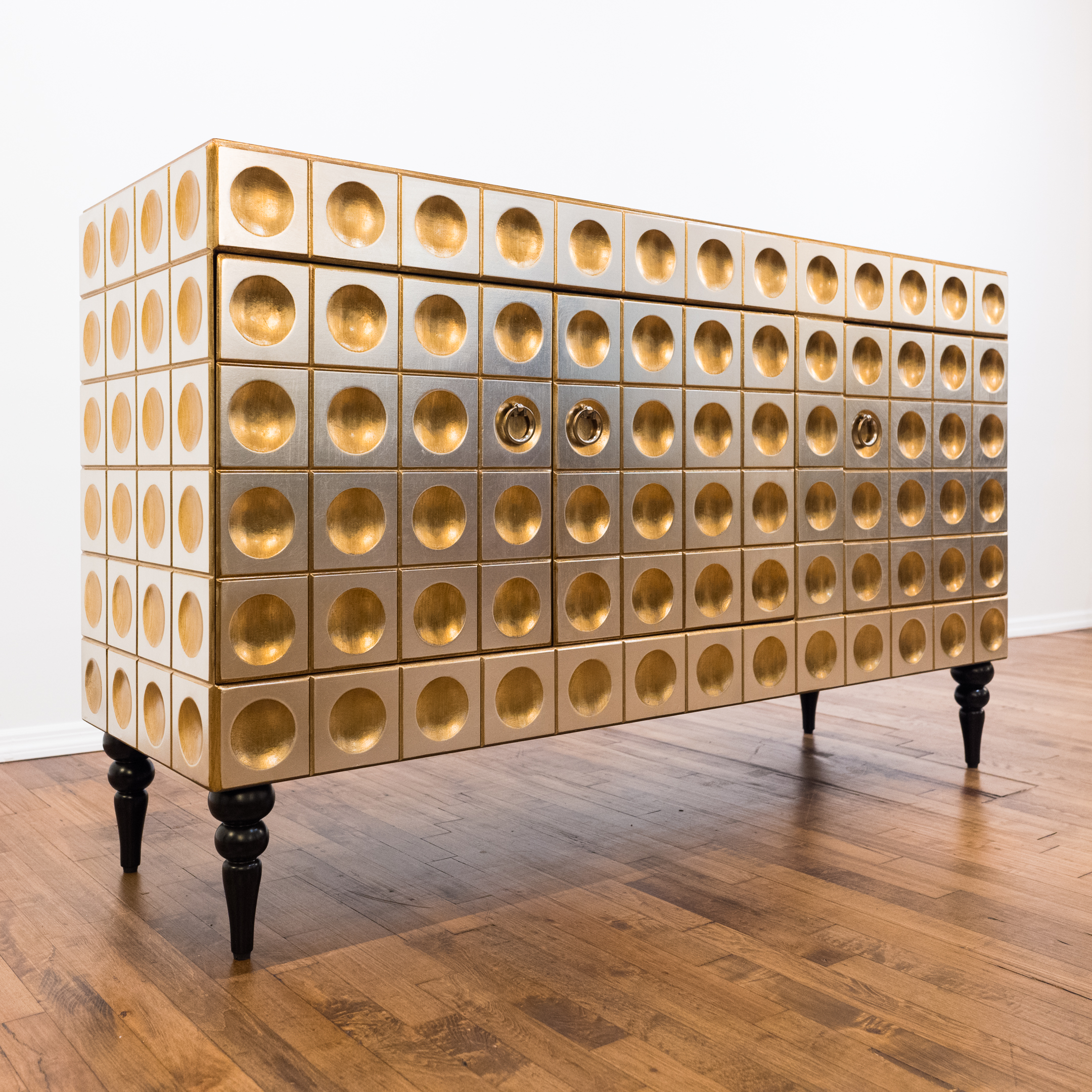 Neuu Design Emporium Modernist Style Silver and Gold Finished Cubed Credenza