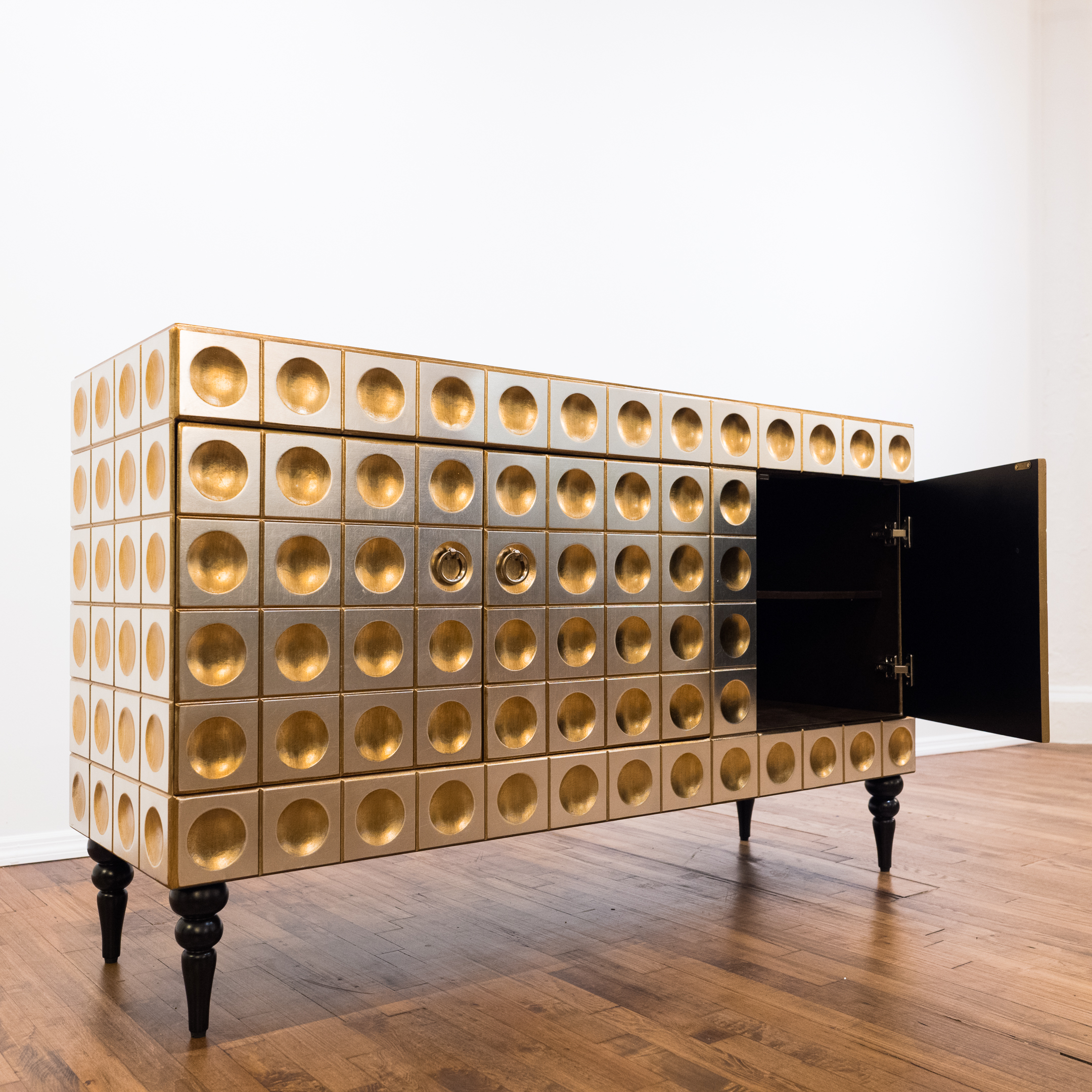 Neuu Design Emporium Modernist Style Silver and Gold Finished Cubed Credenza