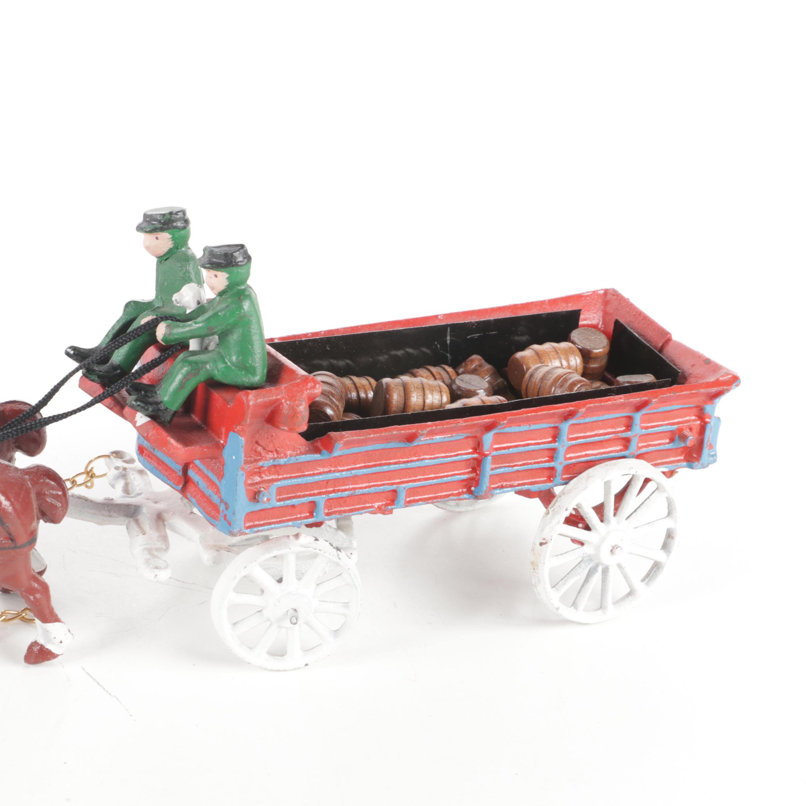 Cast Iron Horse Drawn Barrel Wagon Toy and 1903 Cadillac Runabout Model