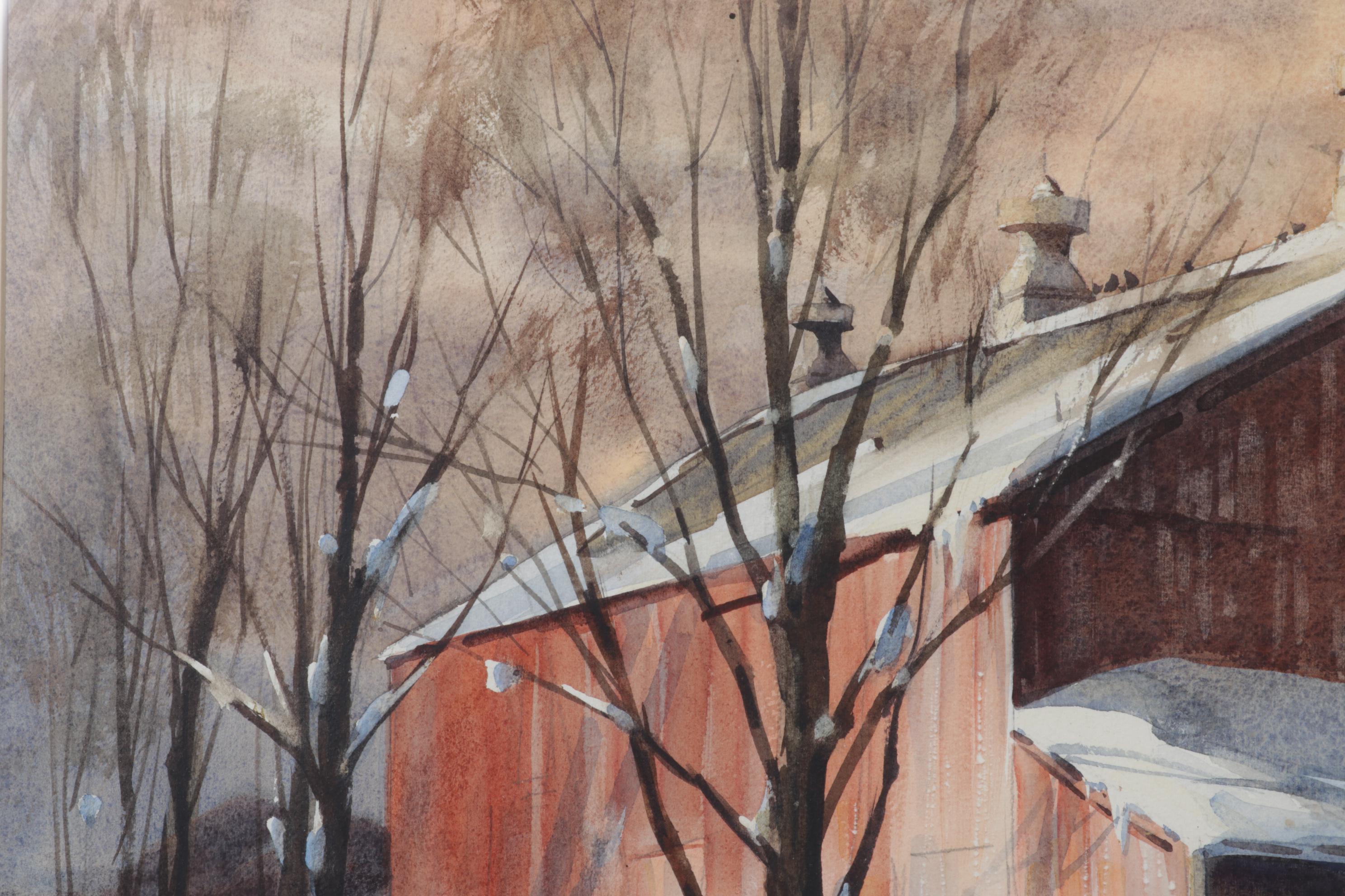 Robert Brubaker Landscape Watercolor Painting "Winter Barn," Late 20th Century
