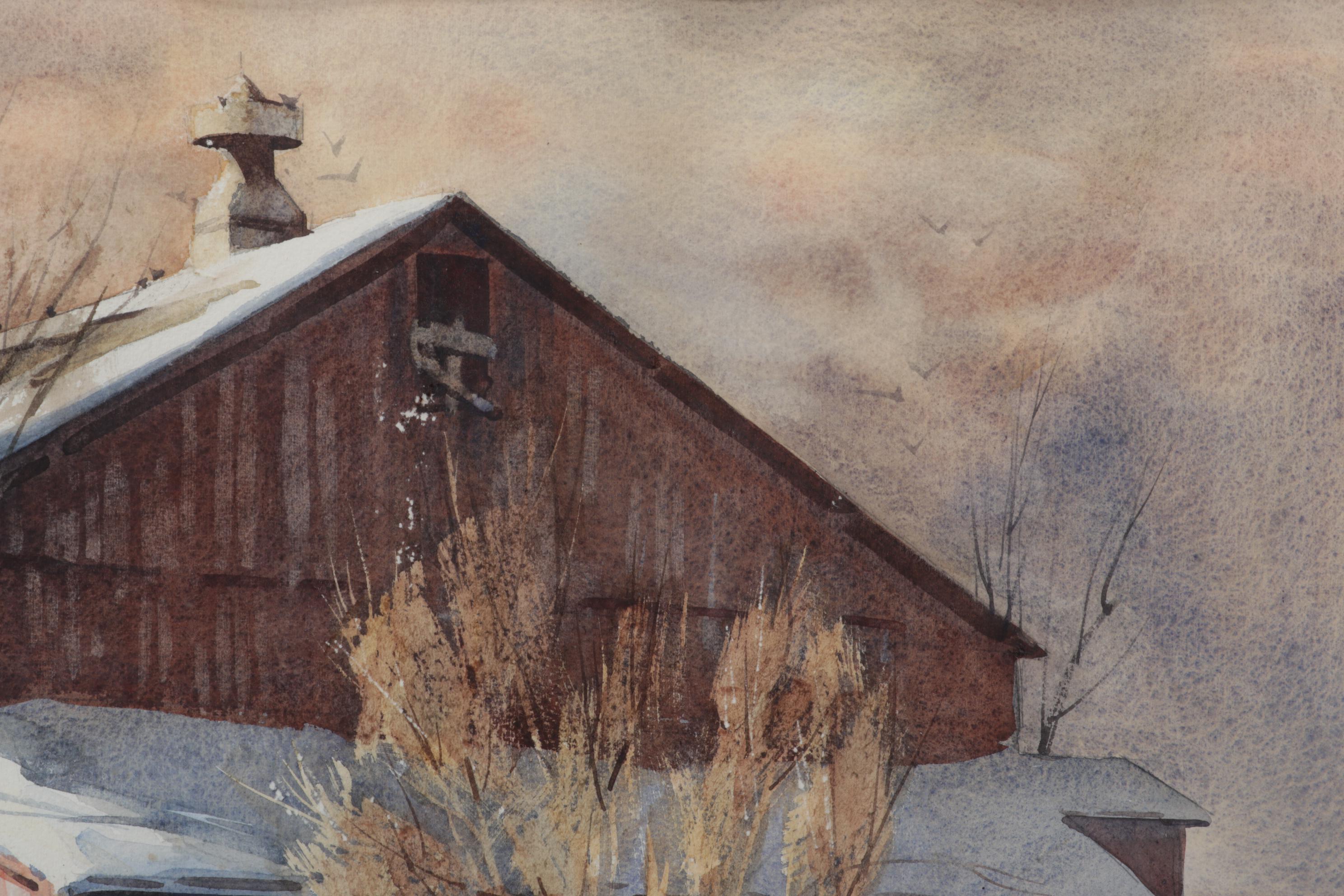 Robert Brubaker Landscape Watercolor Painting "Winter Barn," Late 20th Century