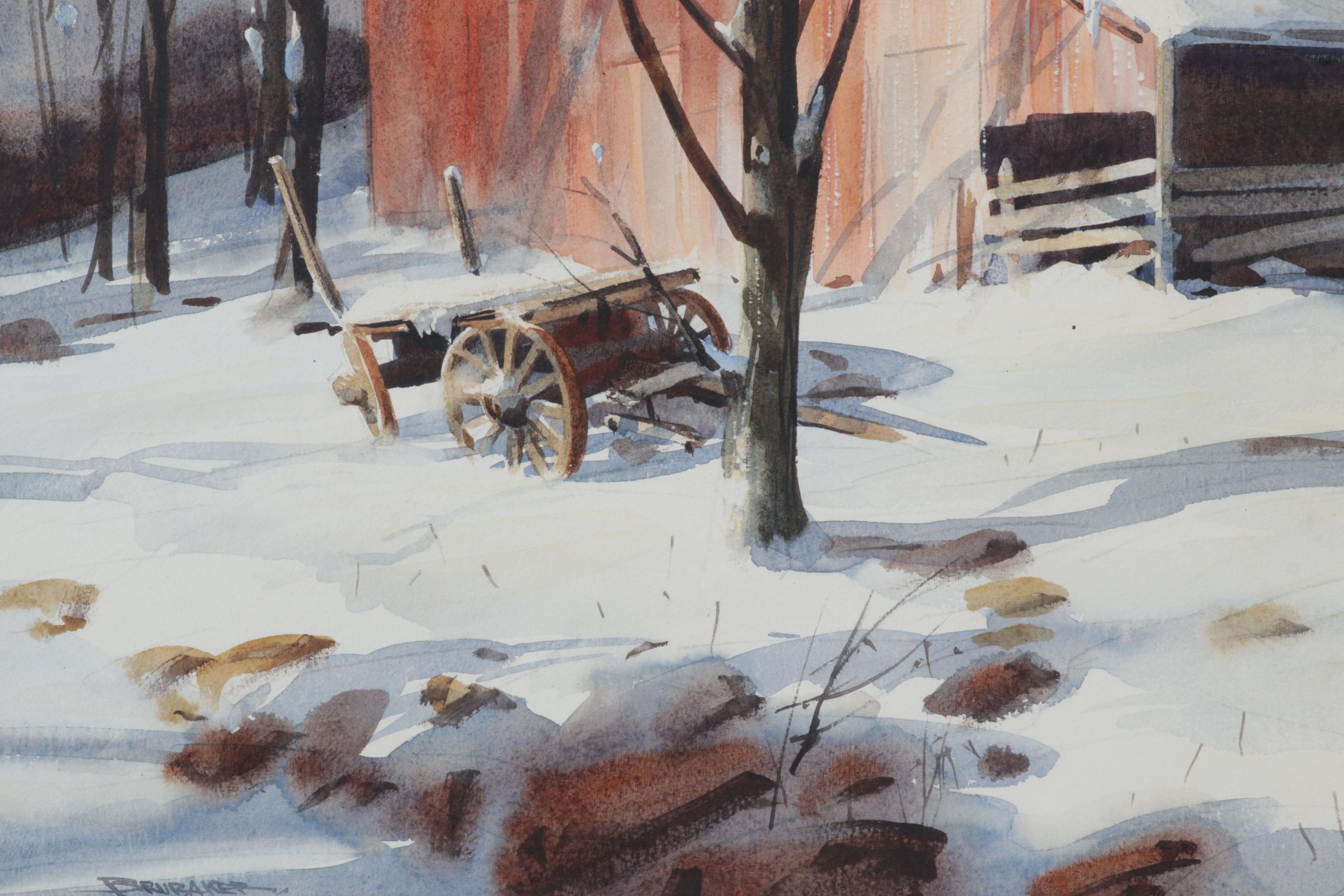 Robert Brubaker Landscape Watercolor Painting "Winter Barn," Late 20th Century