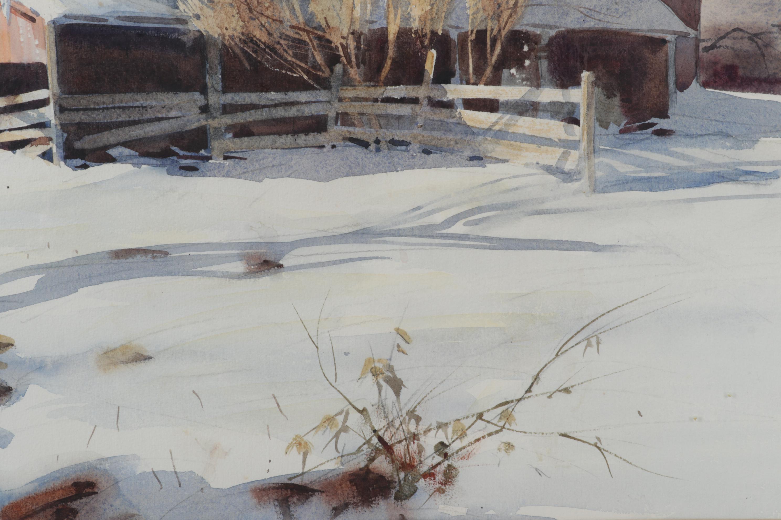 Robert Brubaker Landscape Watercolor Painting "Winter Barn," Late 20th Century