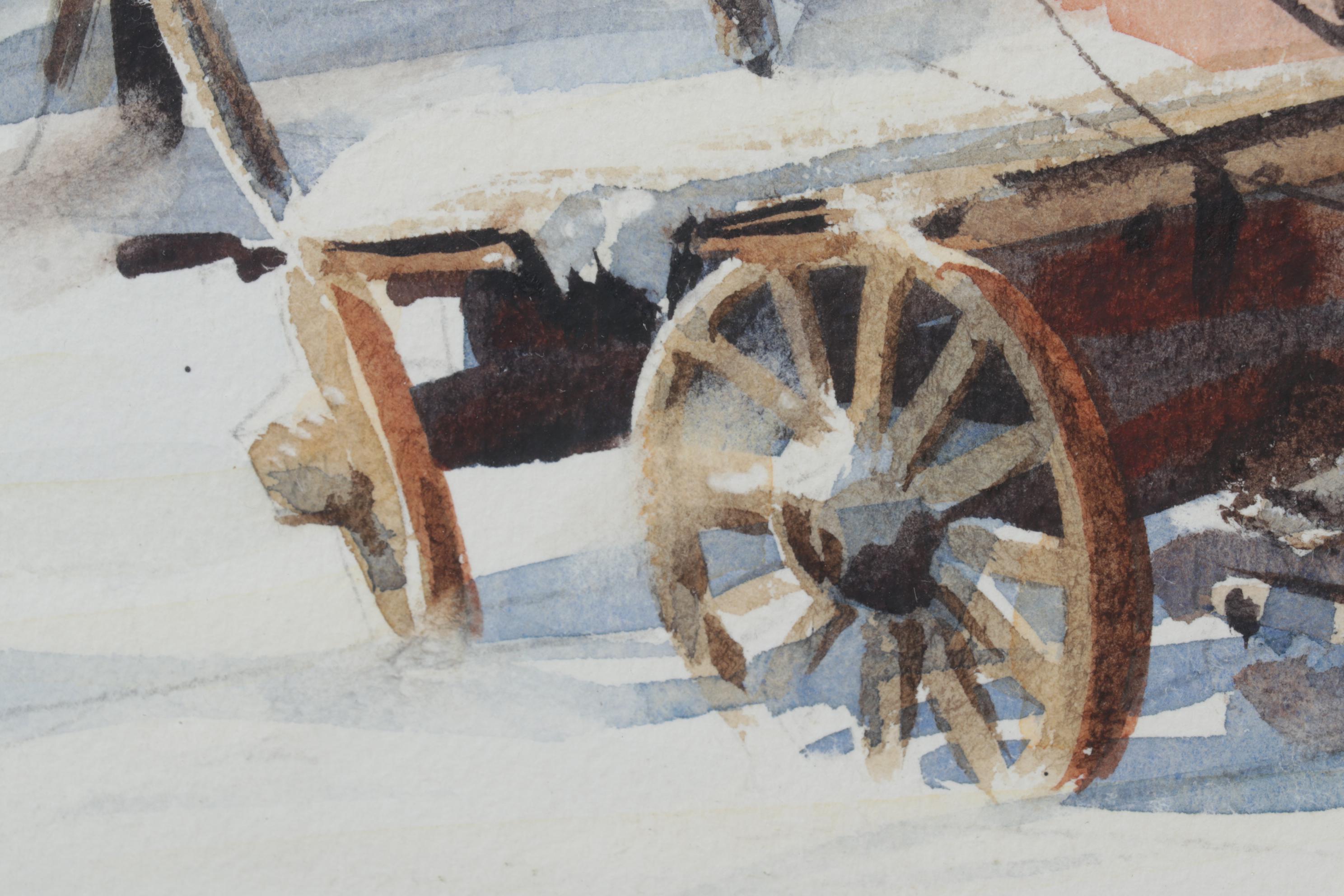 Robert Brubaker Landscape Watercolor Painting "Winter Barn," Late 20th Century