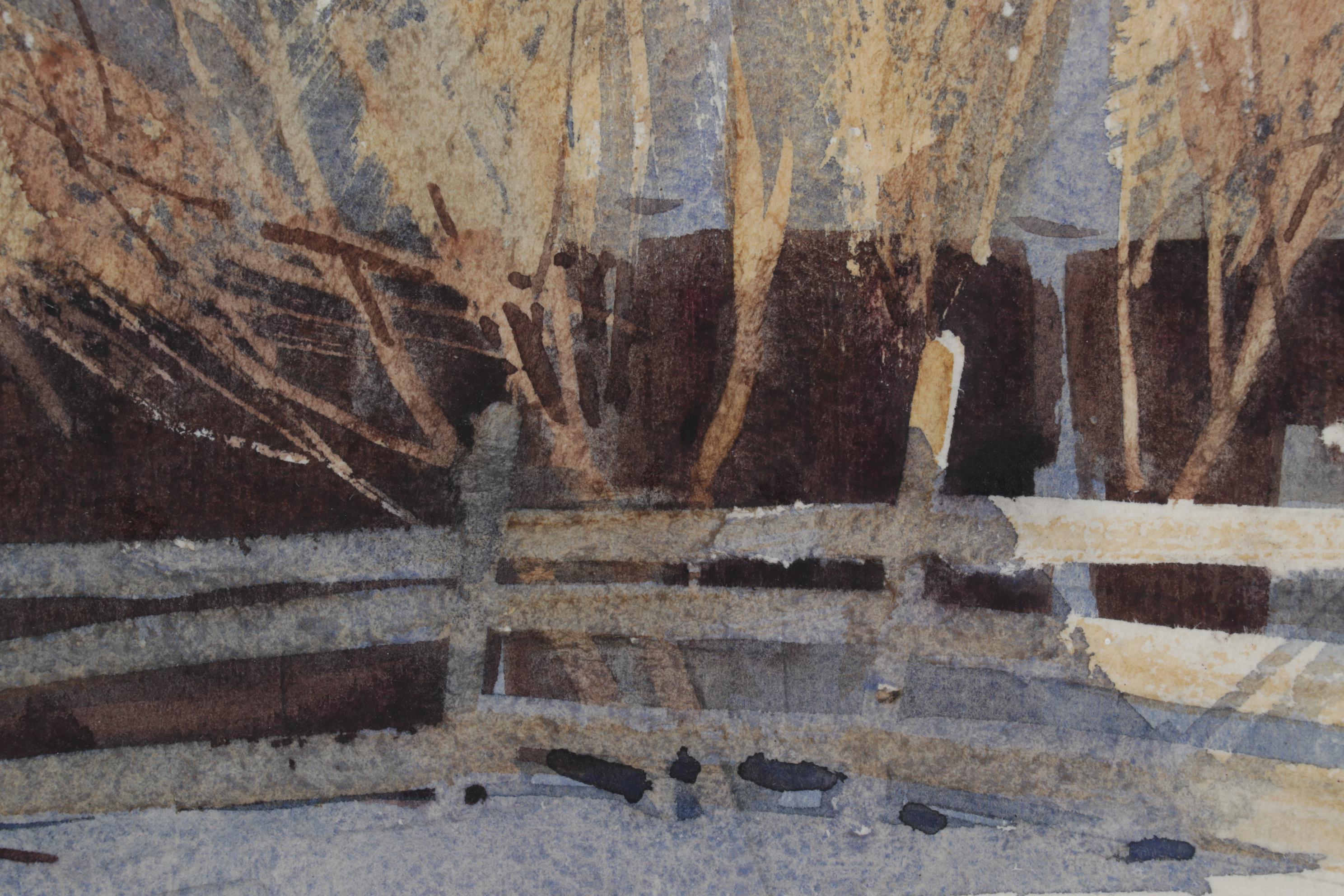 Robert Brubaker Landscape Watercolor Painting "Winter Barn," Late 20th Century
