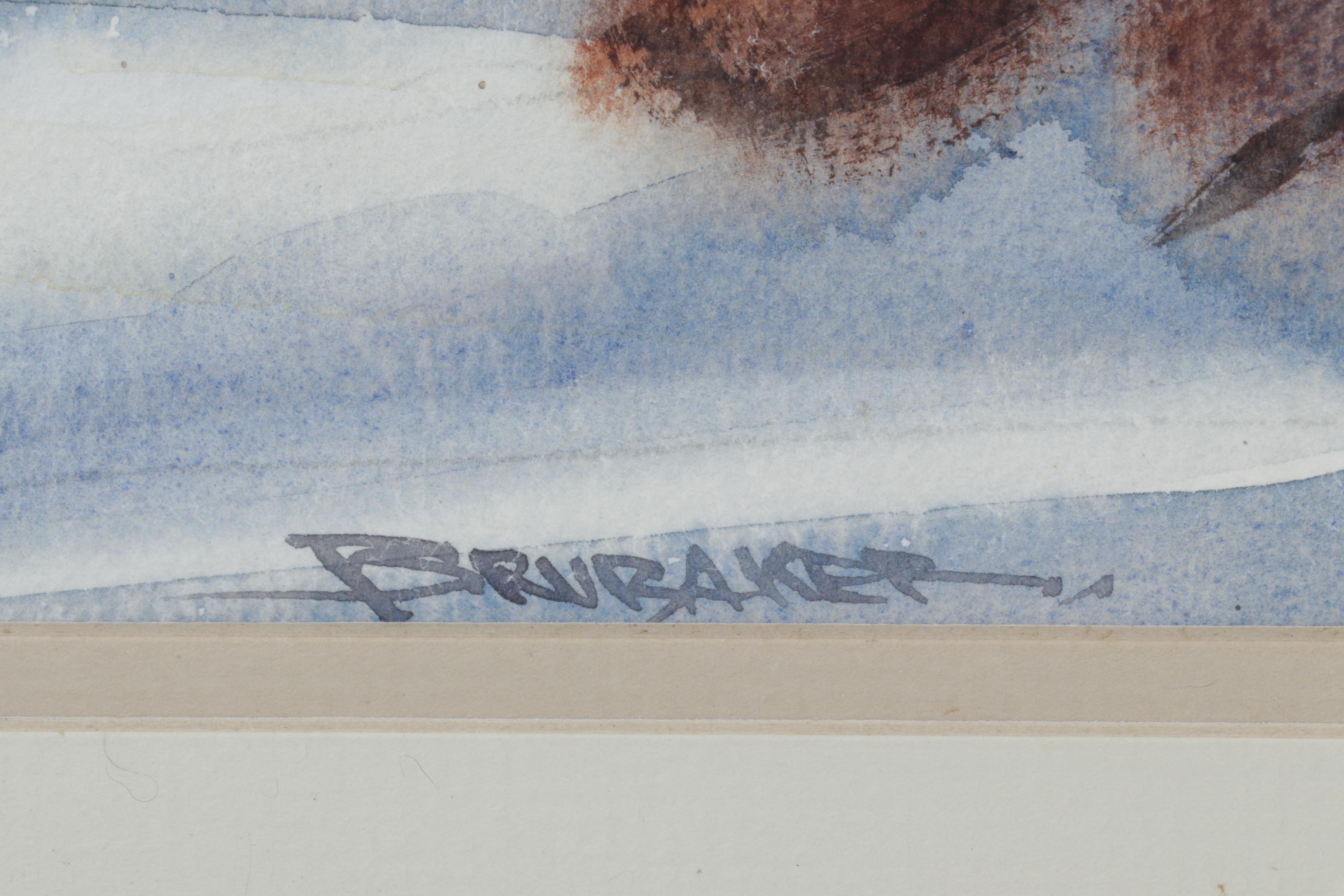 Robert Brubaker Landscape Watercolor Painting "Winter Barn," Late 20th Century