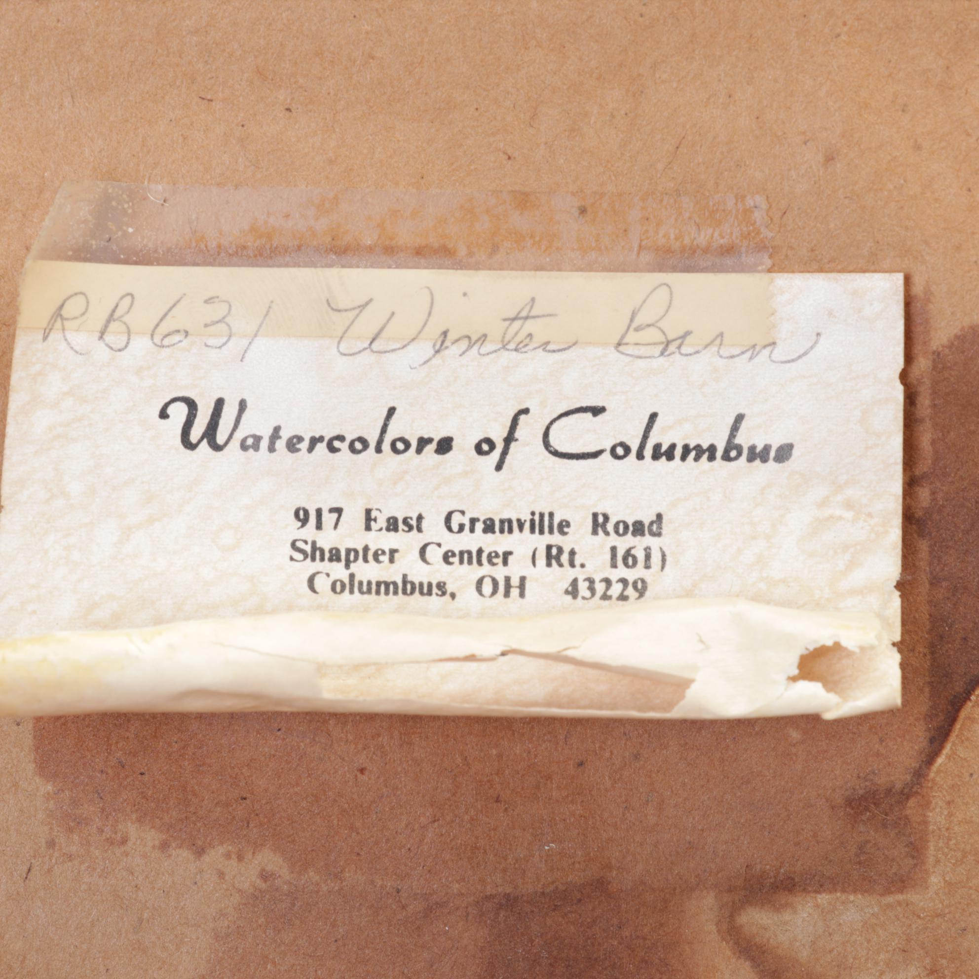 Robert Brubaker Landscape Watercolor Painting "Winter Barn," Late 20th Century