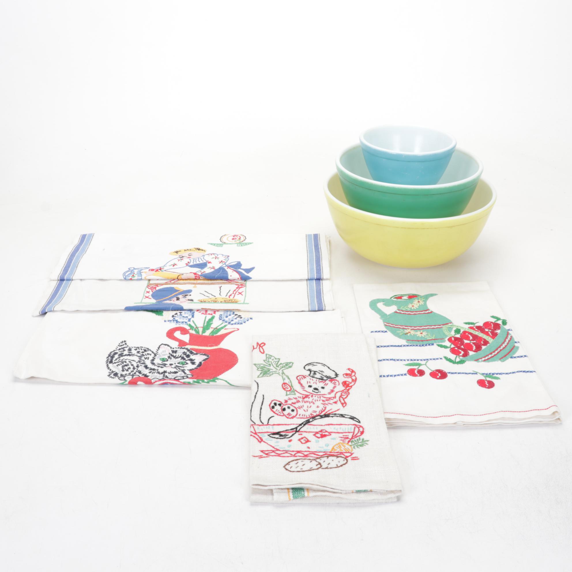 Pyrex "Primary Colors" Mixing Bowls with Needlepoint and Applique Towels