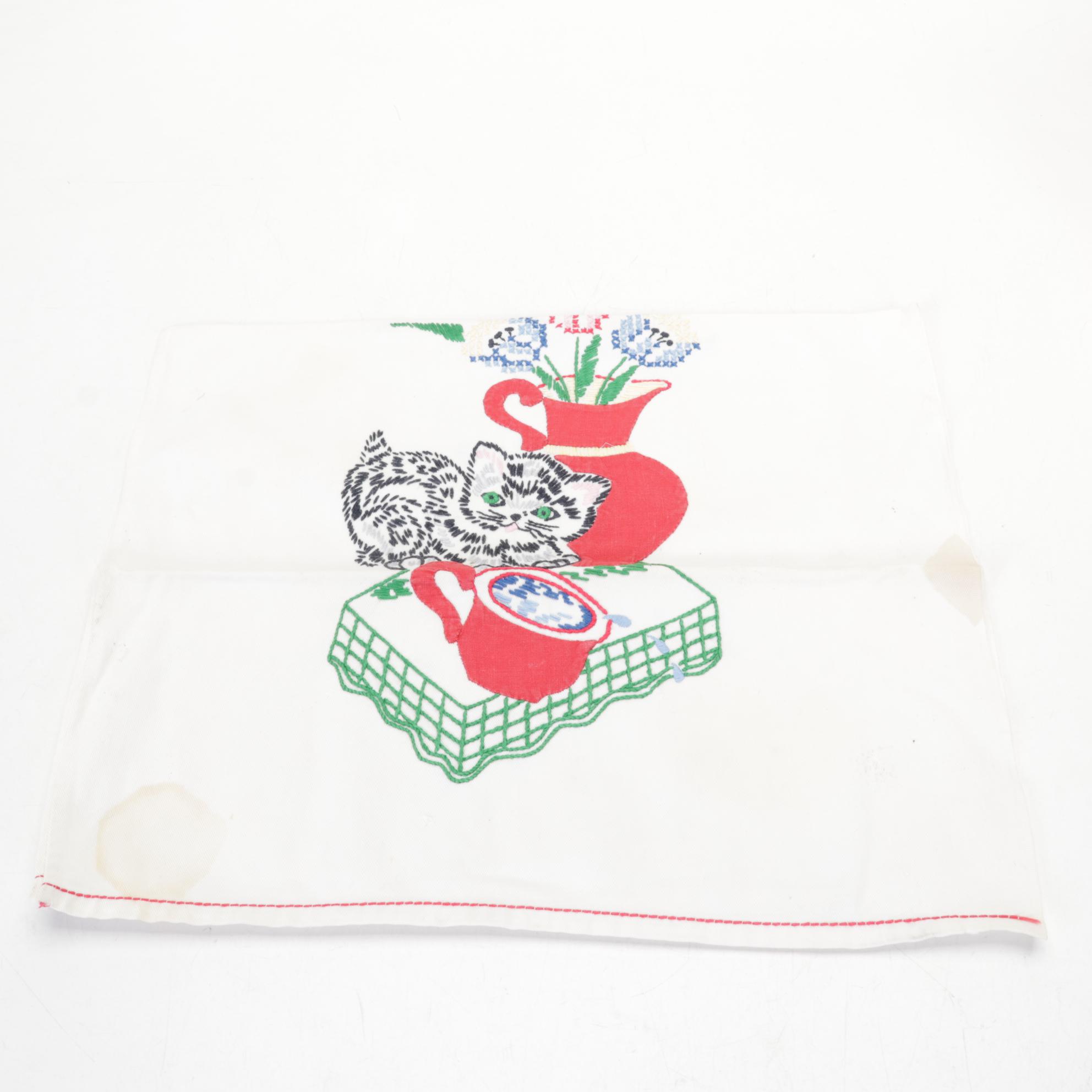 Pyrex "Primary Colors" Mixing Bowls with Needlepoint and Applique Towels