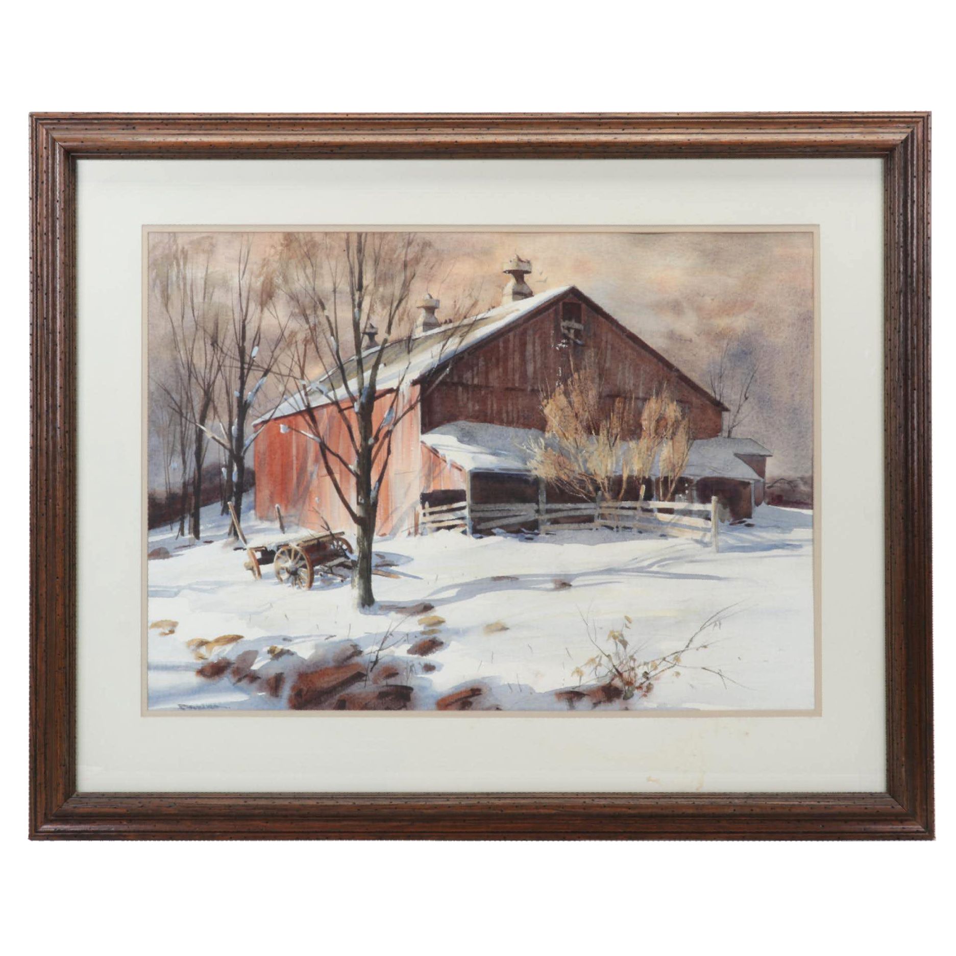 Robert Brubaker Landscape Watercolor Painting "Winter Barn," Late 20th Century