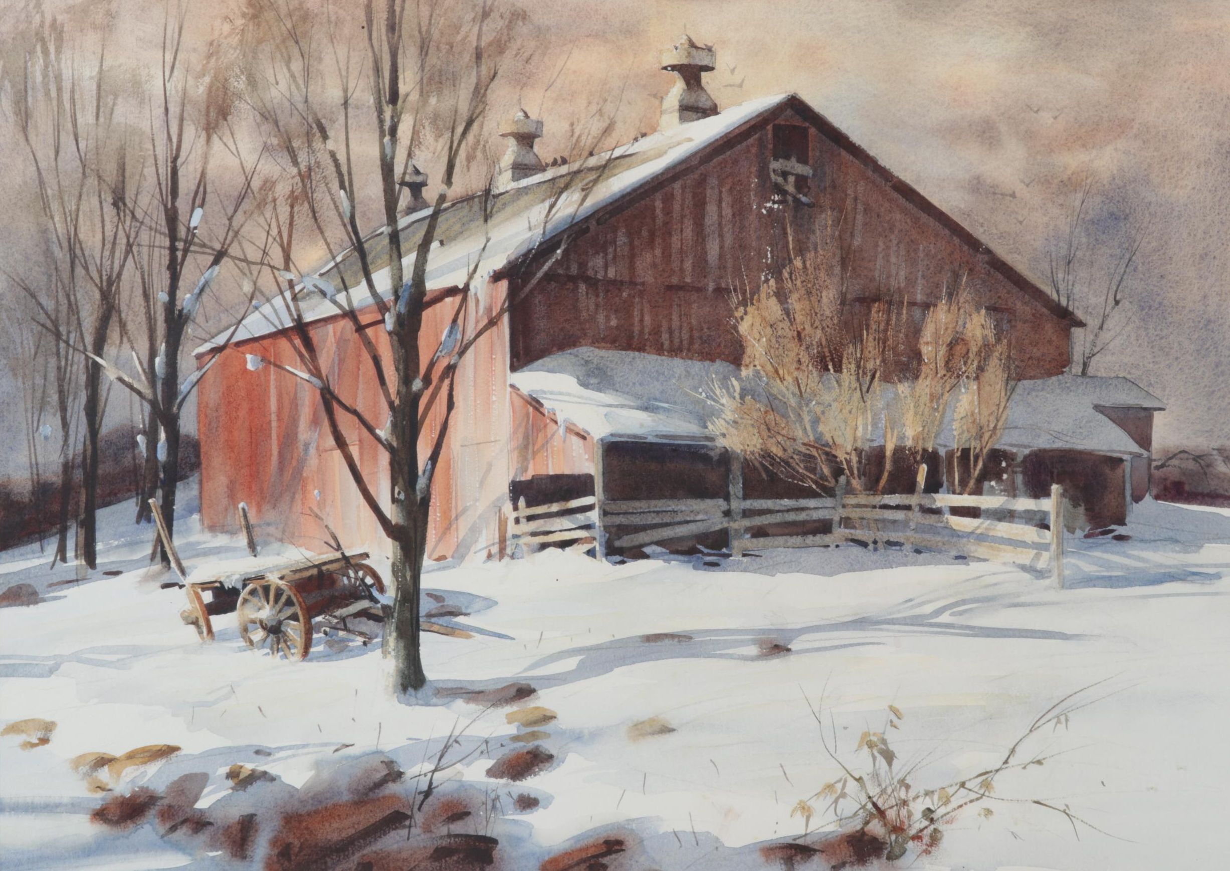 Robert Brubaker Landscape Watercolor Painting "Winter Barn," Late 20th Century