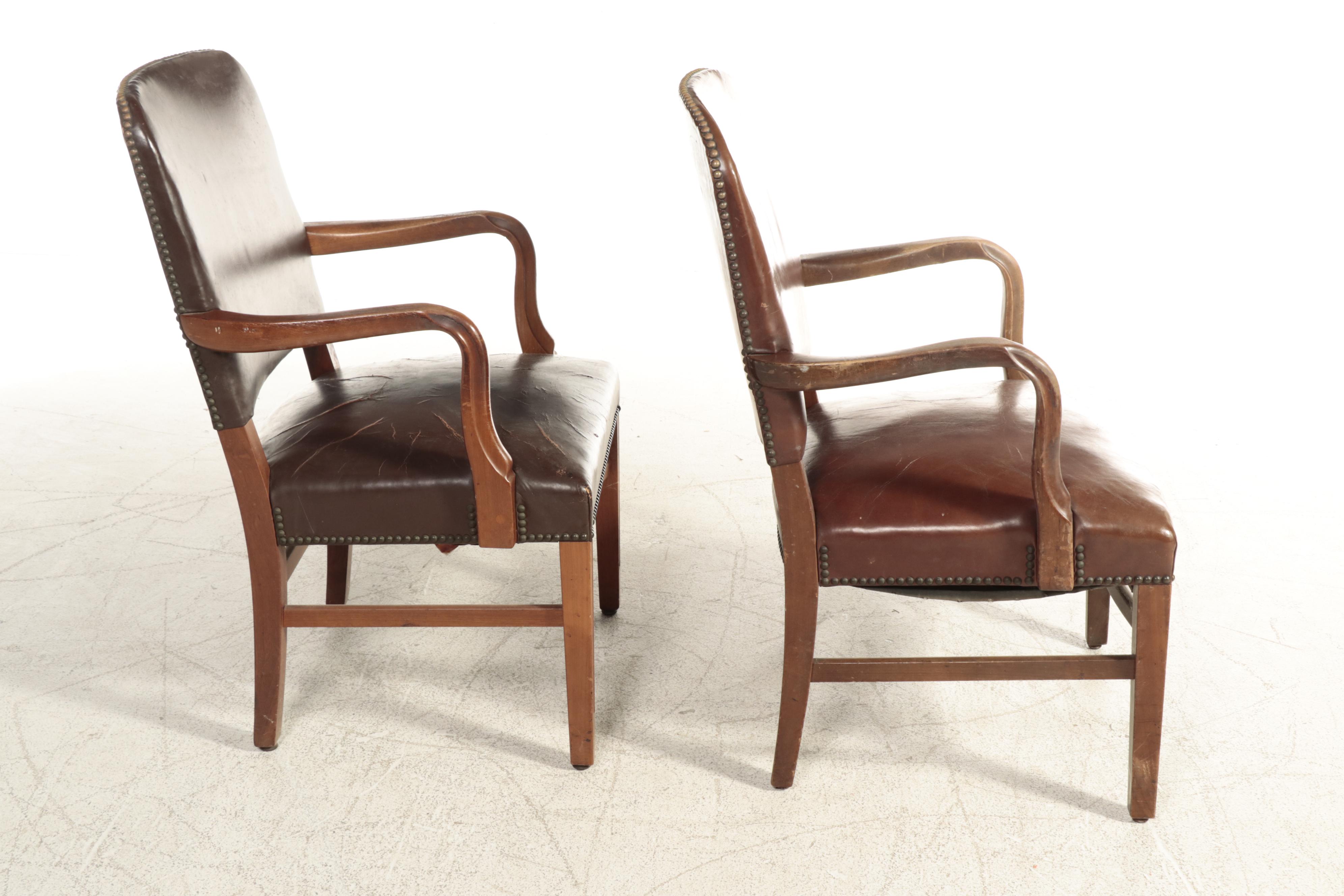 W.H. Gunlocke Chair Co and Other Brown Leather Armchairs with Nailhead Trim