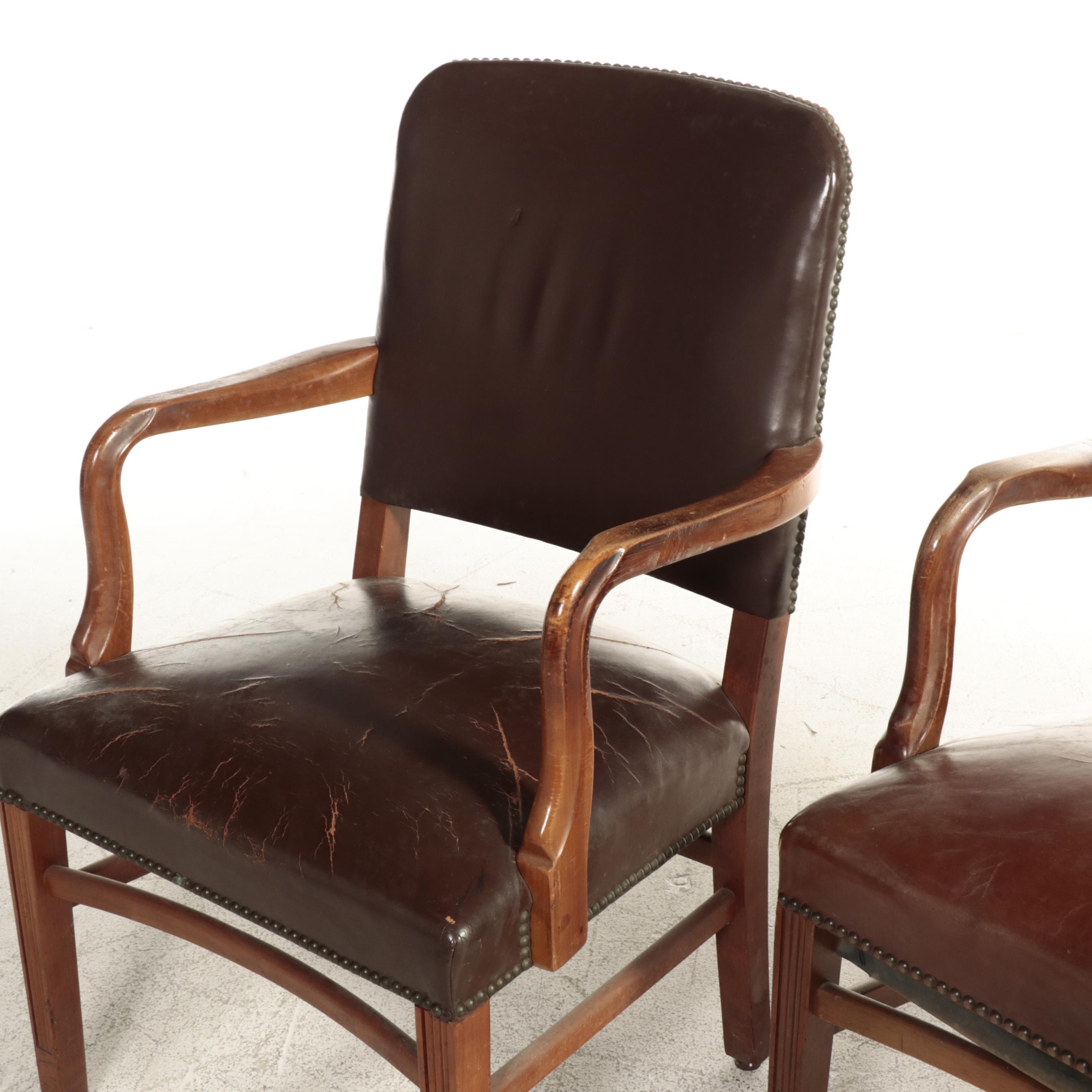 W.H. Gunlocke Chair Co and Other Brown Leather Armchairs with Nailhead Trim