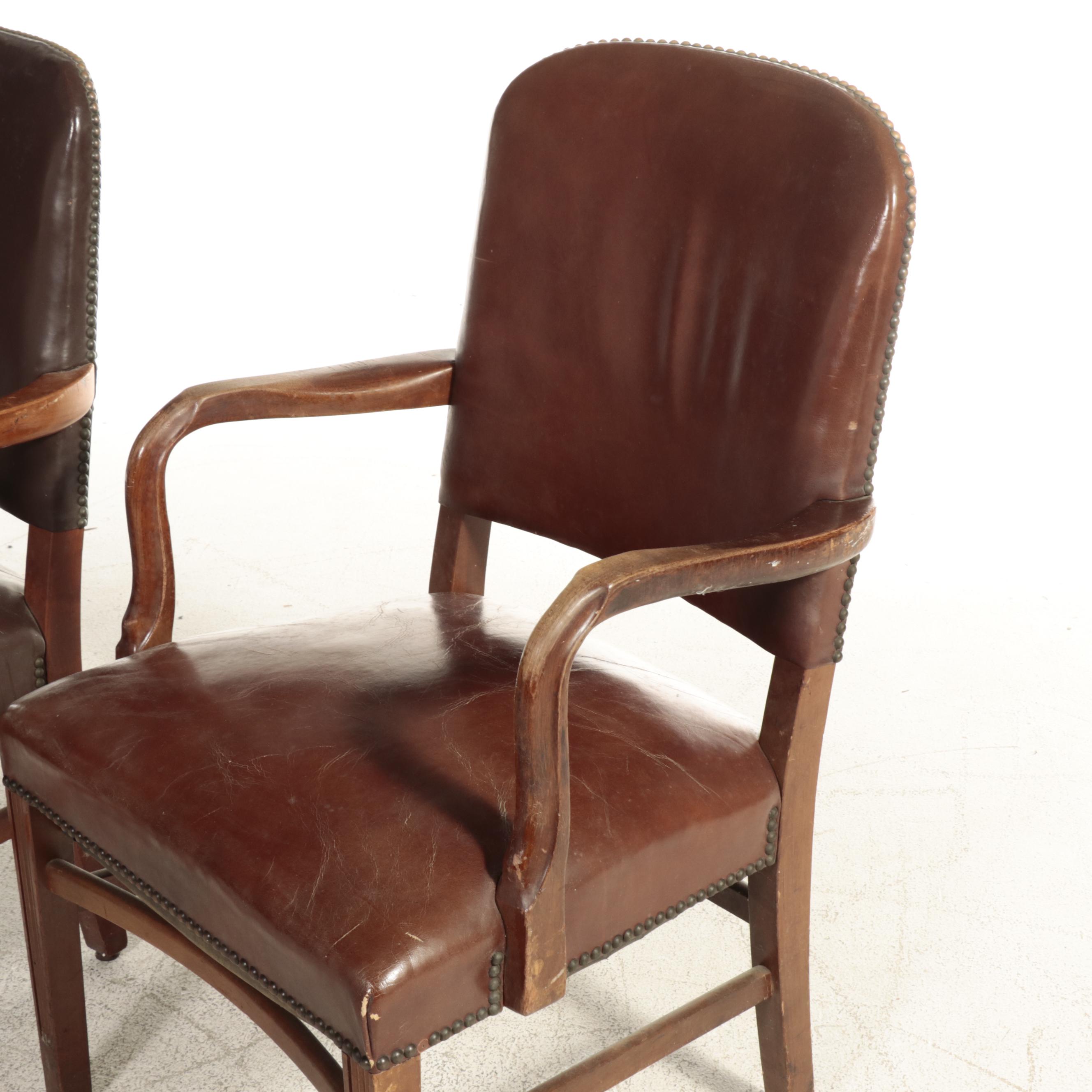 W.H. Gunlocke Chair Co and Other Brown Leather Armchairs with Nailhead Trim