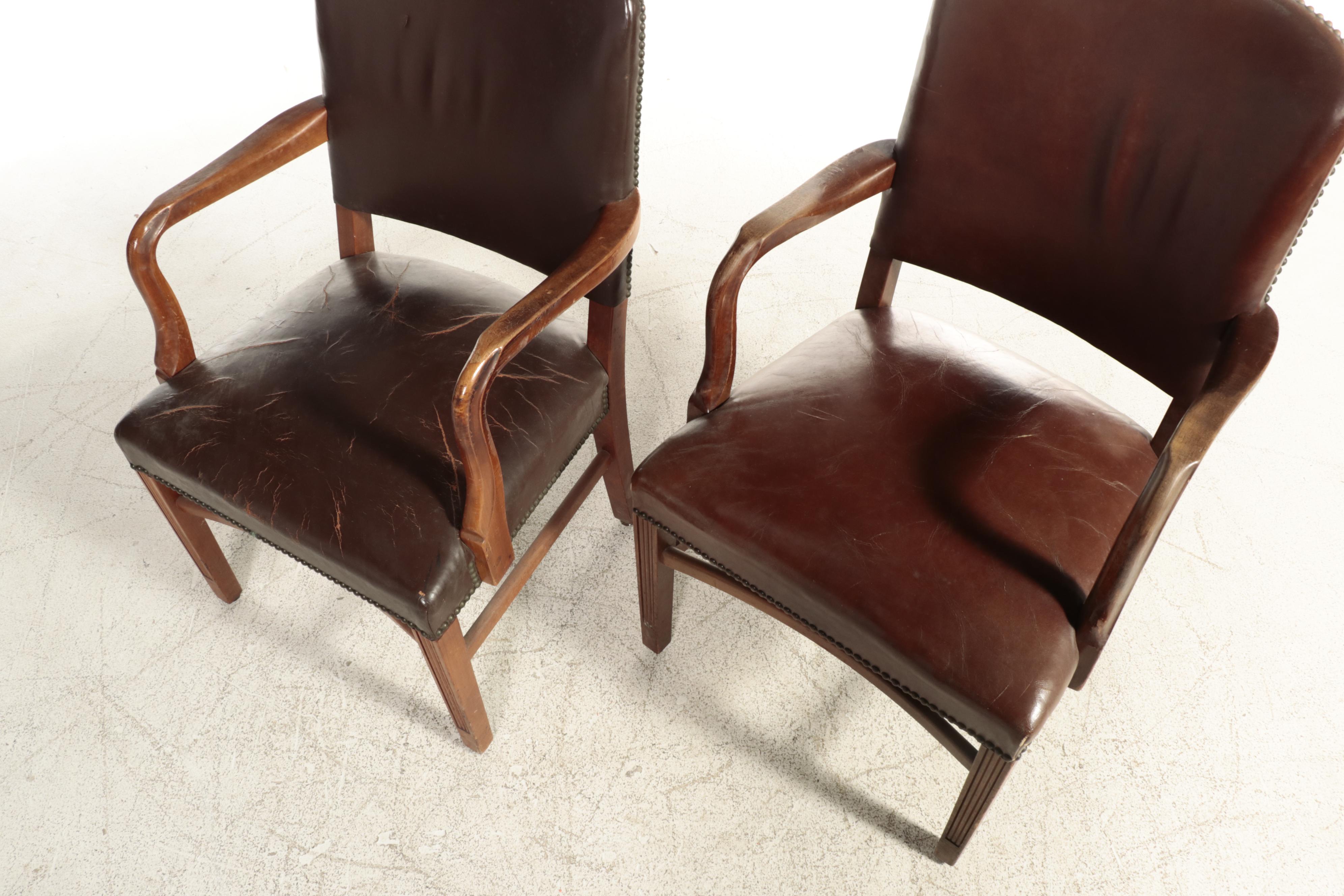 W.H. Gunlocke Chair Co and Other Brown Leather Armchairs with Nailhead Trim