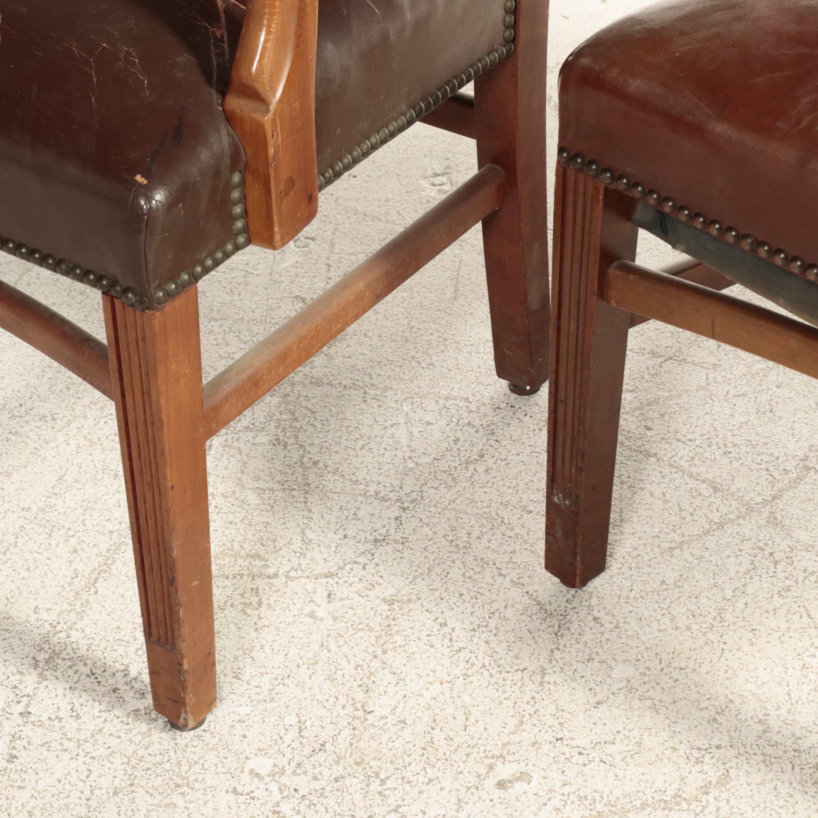 W.H. Gunlocke Chair Co and Other Brown Leather Armchairs with Nailhead Trim
