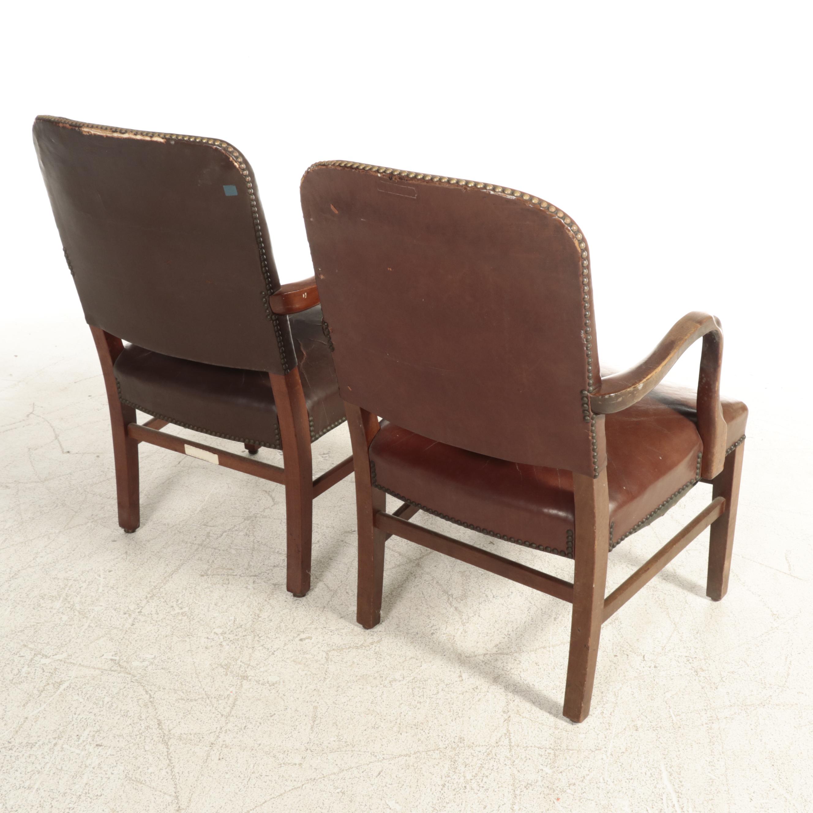 W.H. Gunlocke Chair Co and Other Brown Leather Armchairs with Nailhead Trim